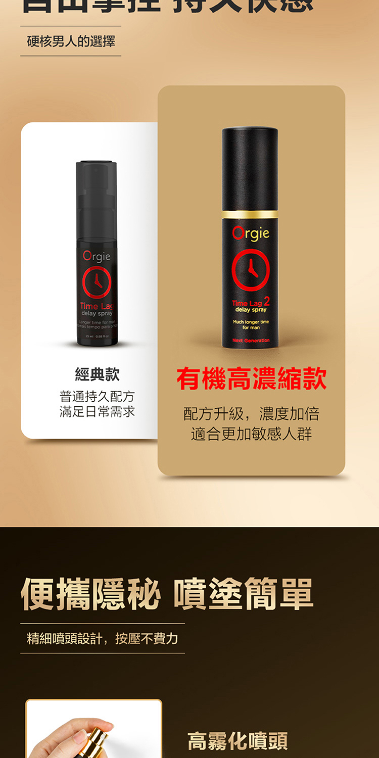 硬核男人的選擇 delay sprayLnger time for man tempo para oOrgieTime  2delay sprayMuch longer timefor man Generation經典款普通持久配方滿足日常需求有機高款配方升級,濃度加倍適合更加敏感人群便攜隱秘 噴塗簡單精細噴頭設計,按壓不費力高霧化噴頭