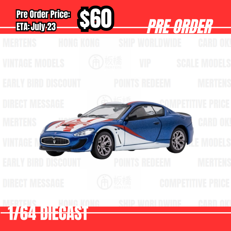 Pre Order-$60 DCT 1:64 Maserati Gran Turismo Coupe Blue w/ Racing Livery [OD09/06]