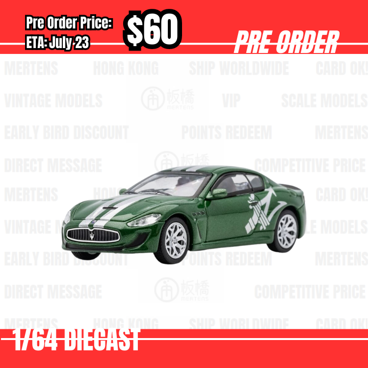 Pre Order-$60 DCT 1:64 Maserati Gran Turismo Coupe Green w/ racing livery [OD09/06]
