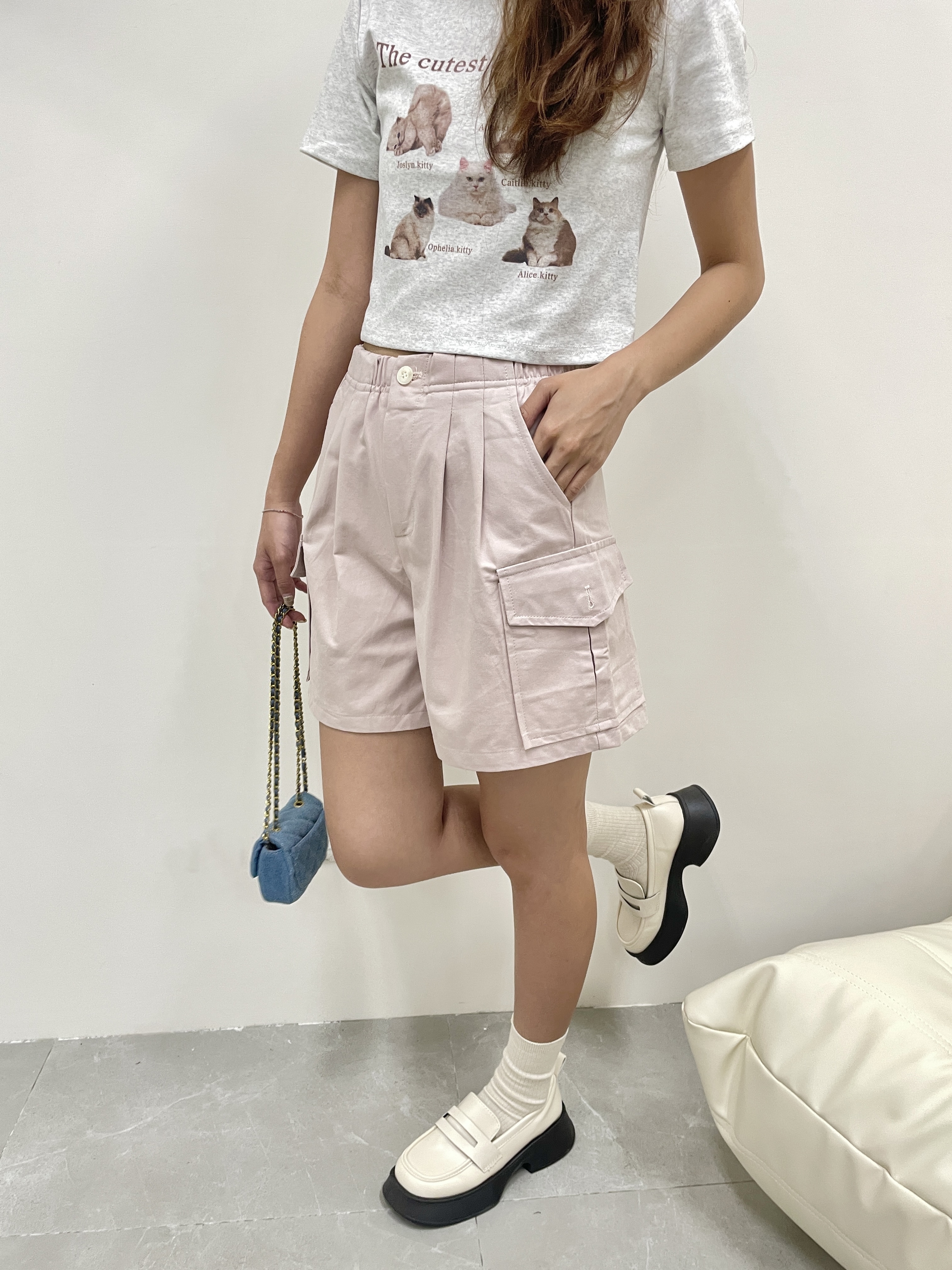 鬆緊腰工裝水洗短褲