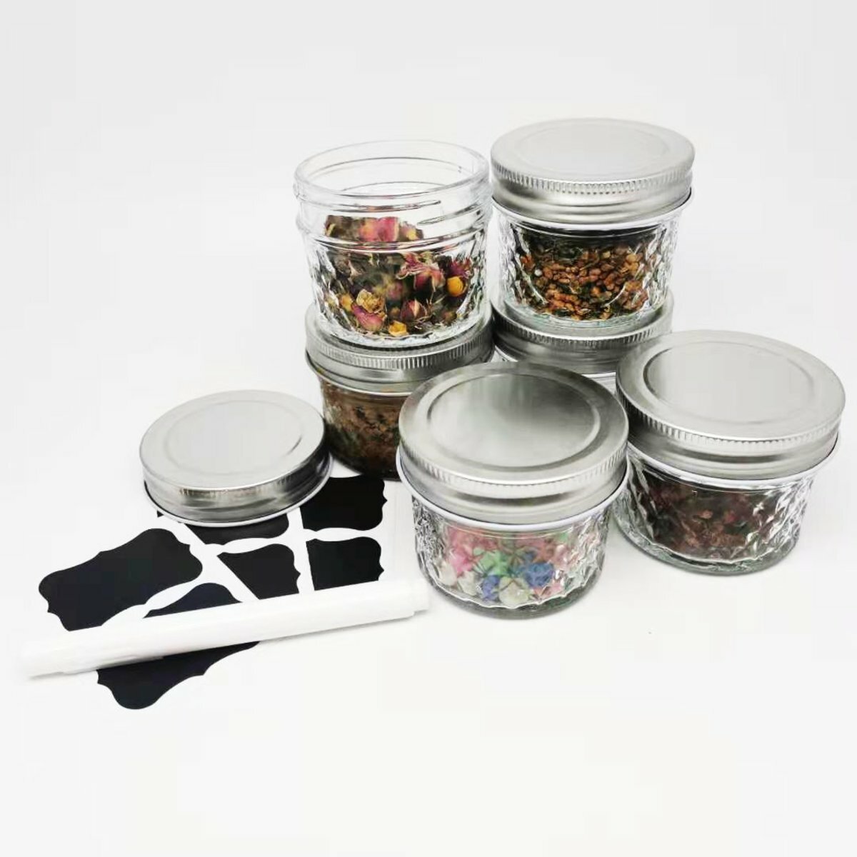 果醬瓶 玻璃樽 蜂蜜瓶 耐熱密封DIY玻璃罐分體蓋6個裝(附贈可重用粉筆標籤貼紙+專用粉筆)額外贈送6個一體式儲存蓋