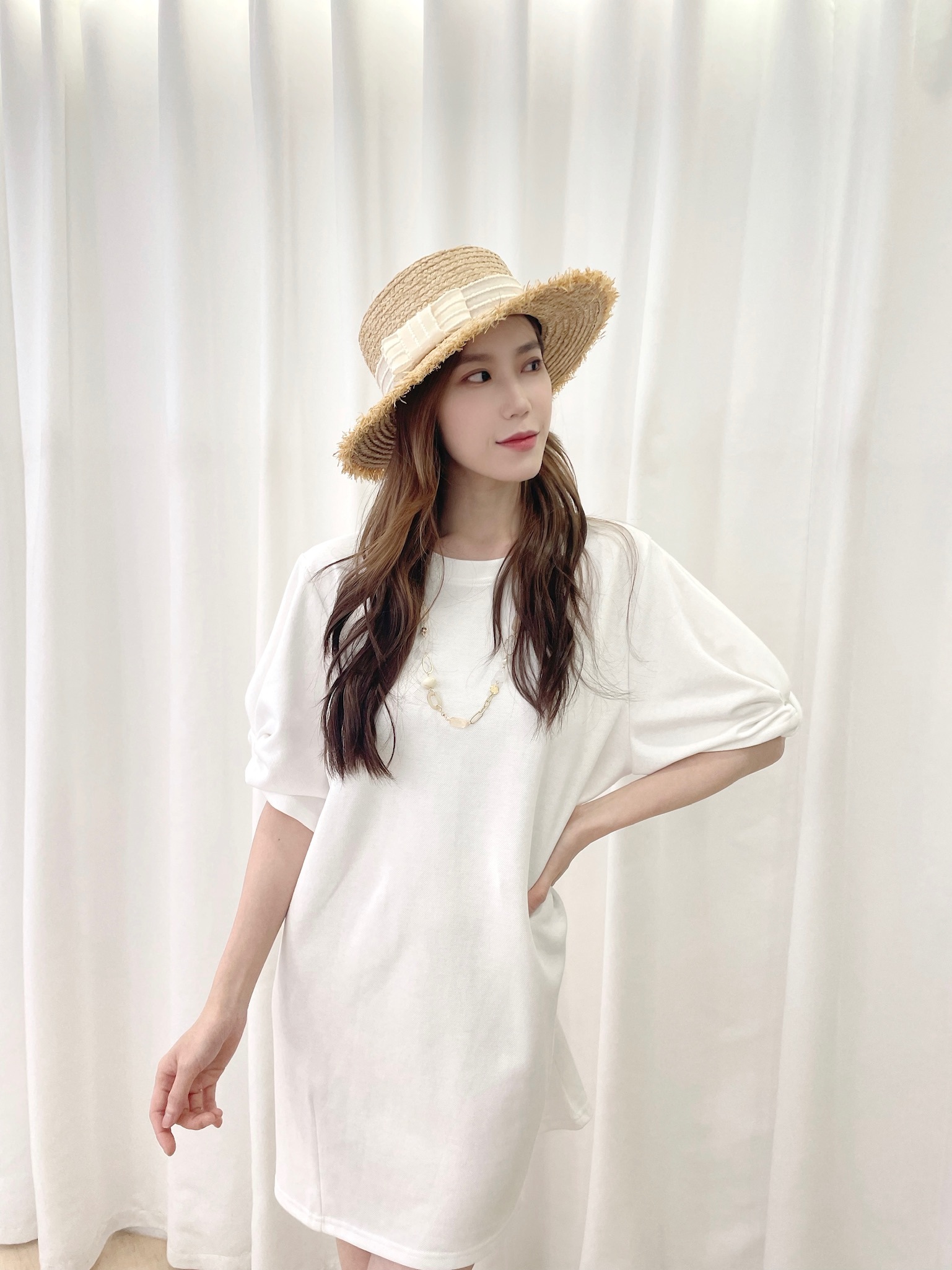 袖紐結棉料短版洋裝