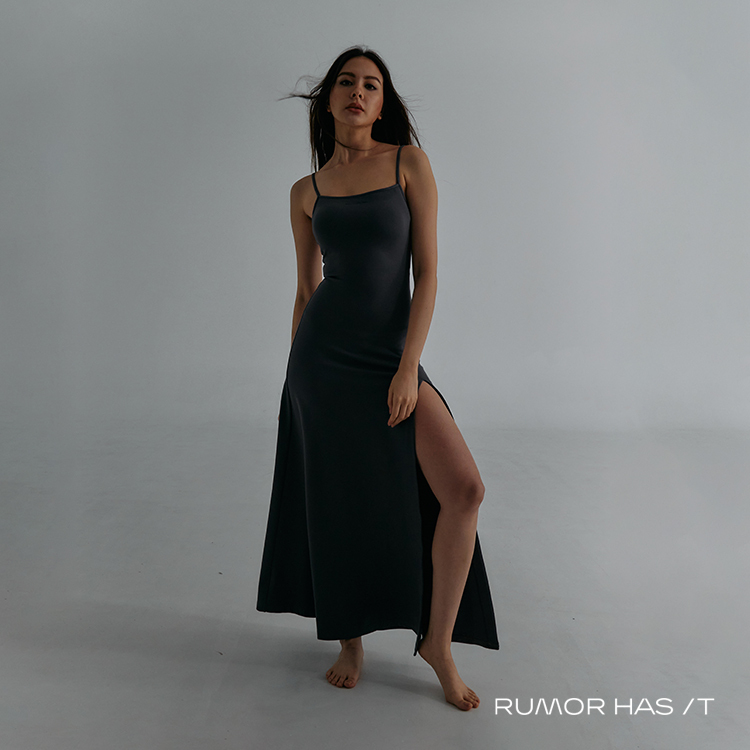 Square Neck Slit Dress-Dark Gray