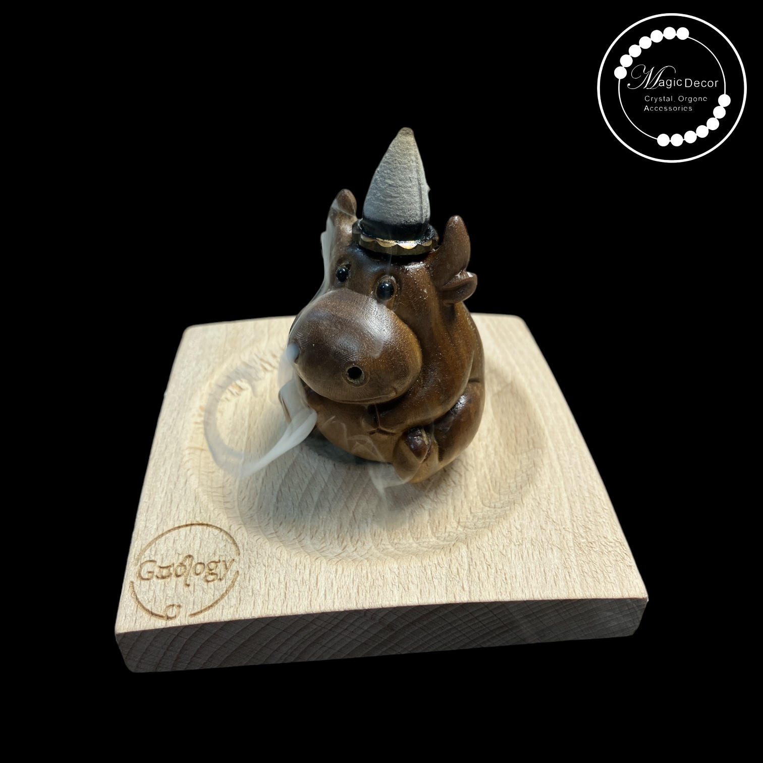 檀木牛牛倒流香擴擺件+實木底盤