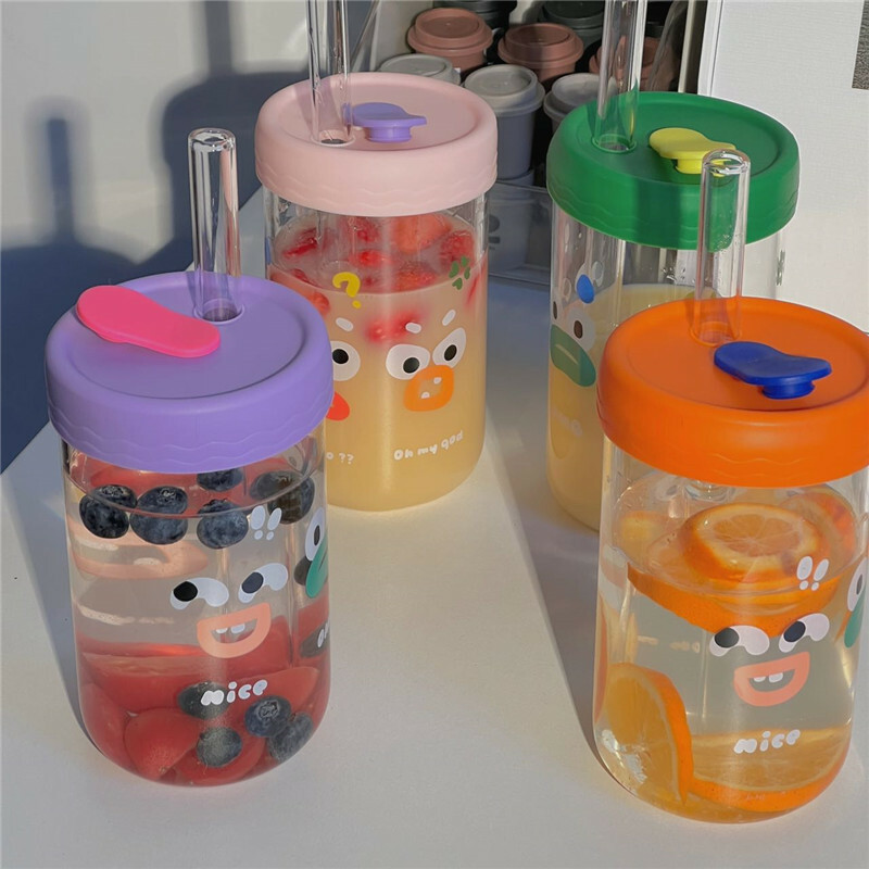 《2361》繽紛少女大眼睛吸管玻璃杯600ML