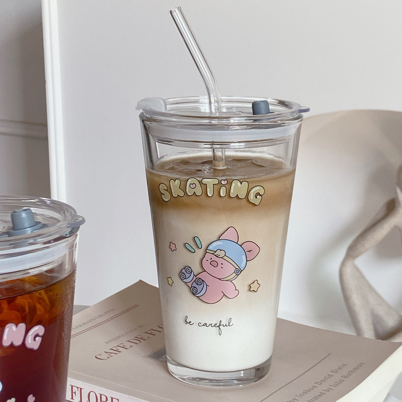 《2365》滑行小豬兔兔玻璃吸管杯450ml