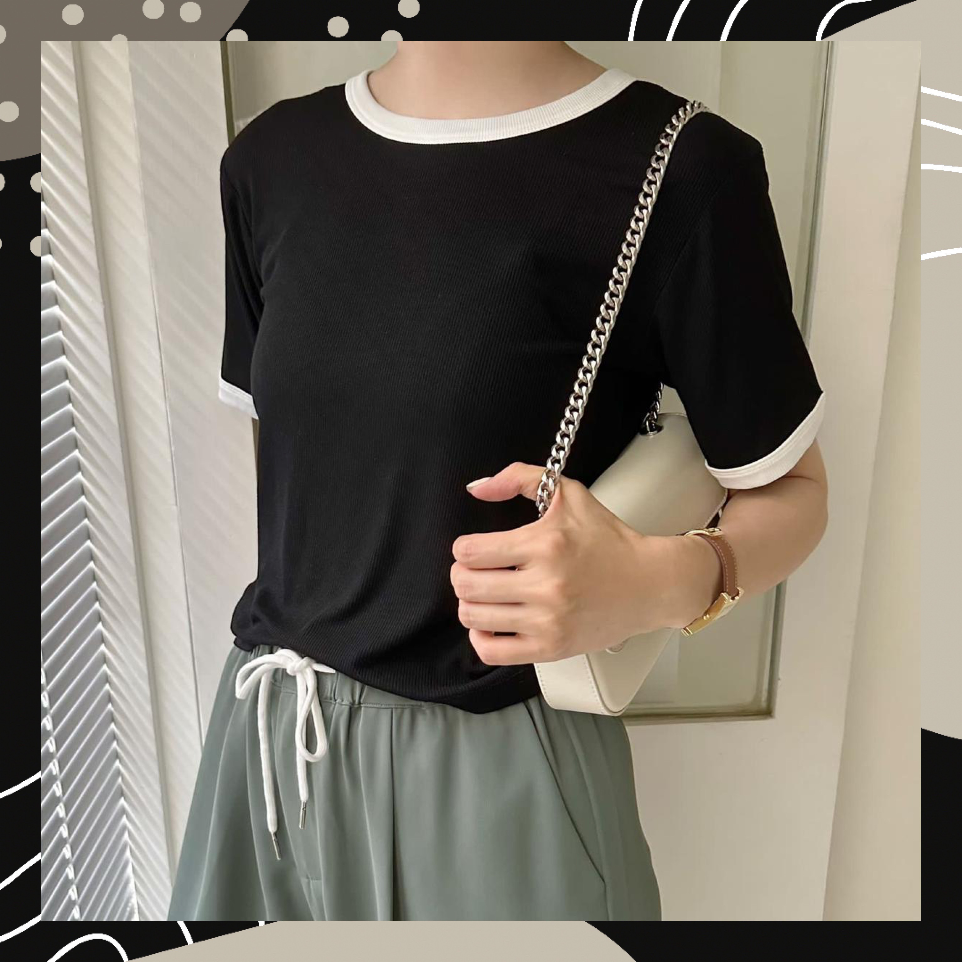 【BONNIE】坑紋拼色邊短袖款