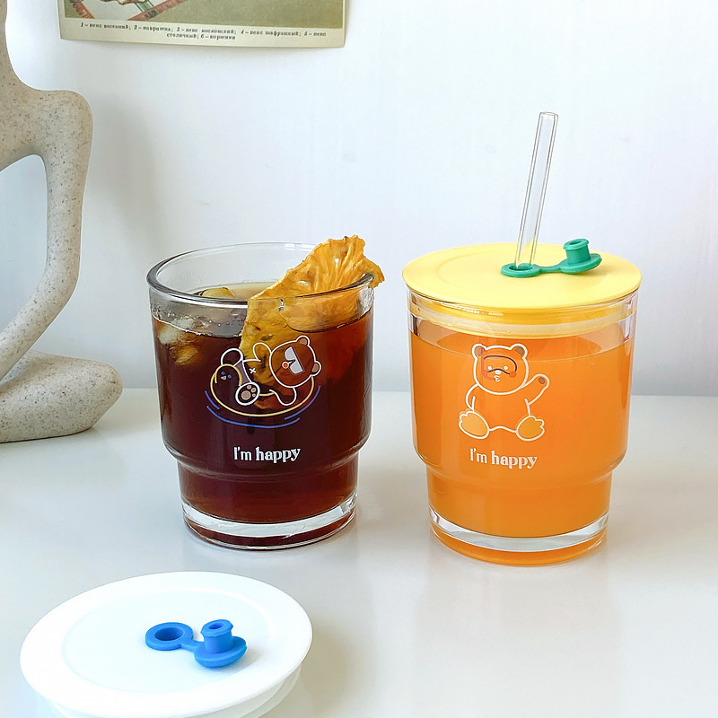 《2377》少女描繪小熊玻璃吸管杯400ML