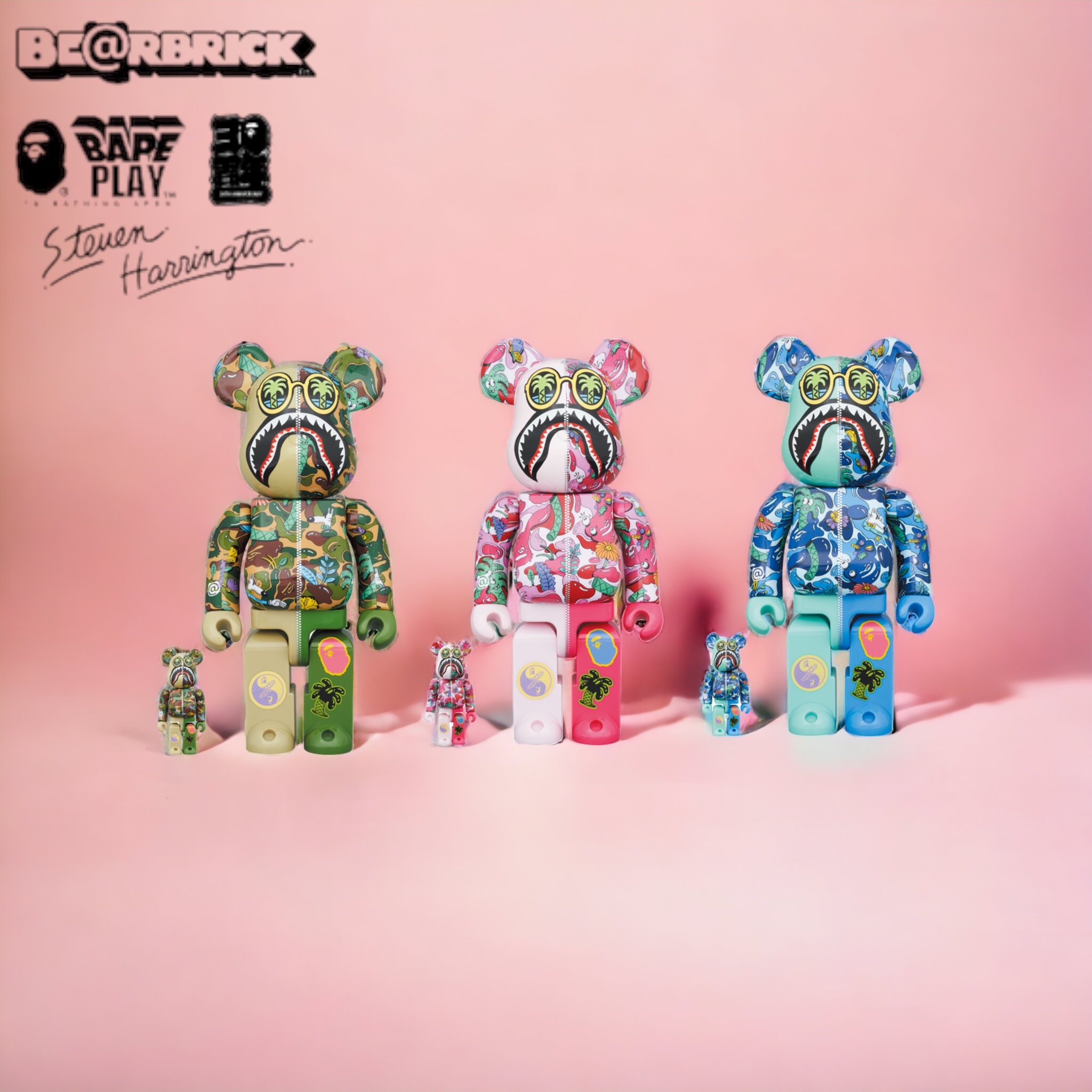 Bearbrick 400% 100% Steven Harrington x bape shark set