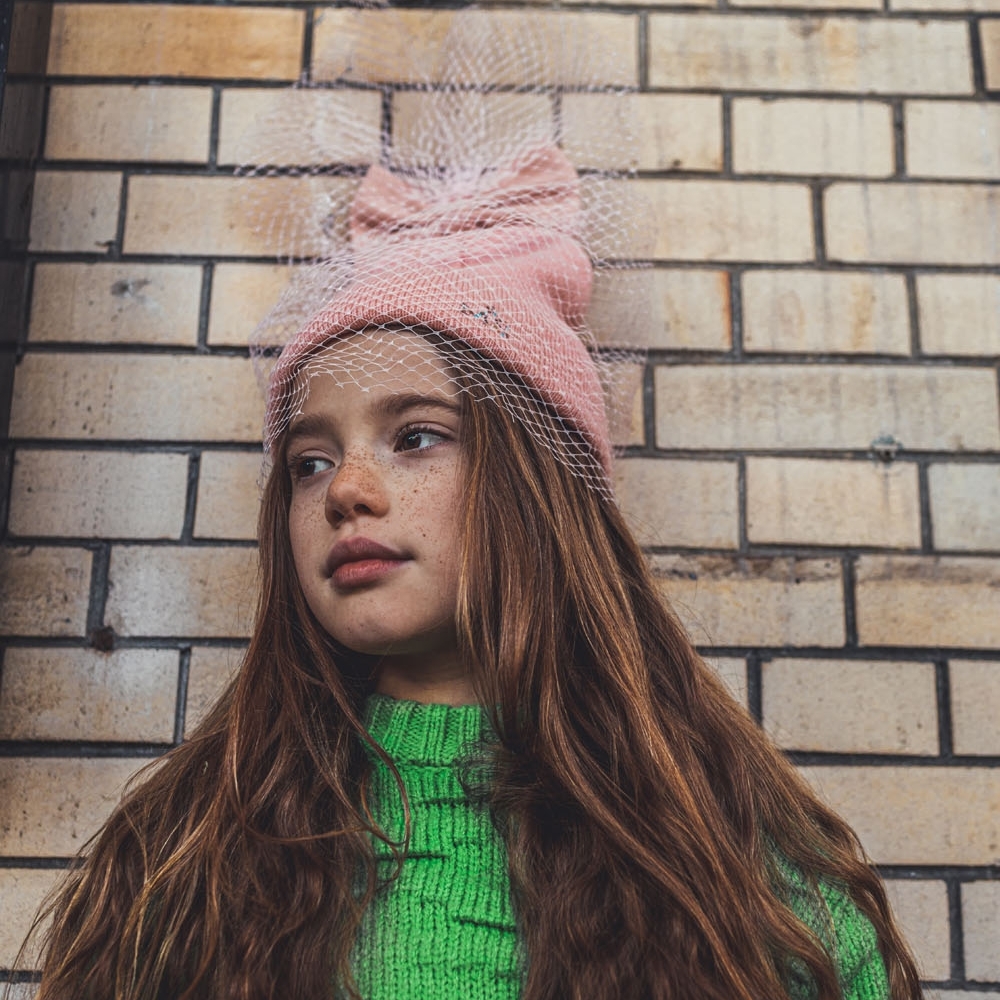 〖 Milk x Soda 〗紗網蝴蝶結套頭帽 (粉)