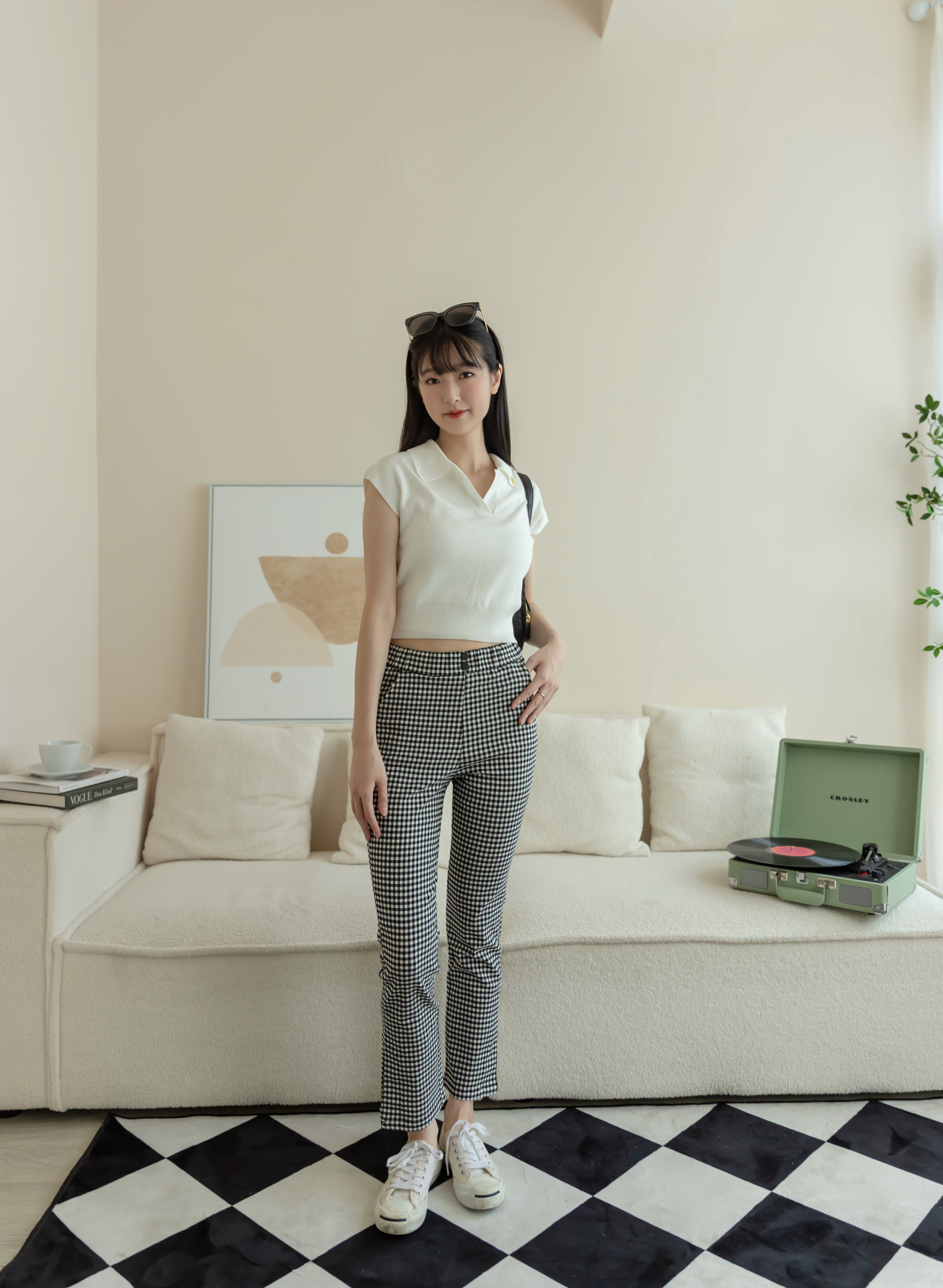 高彈黑白格子褲