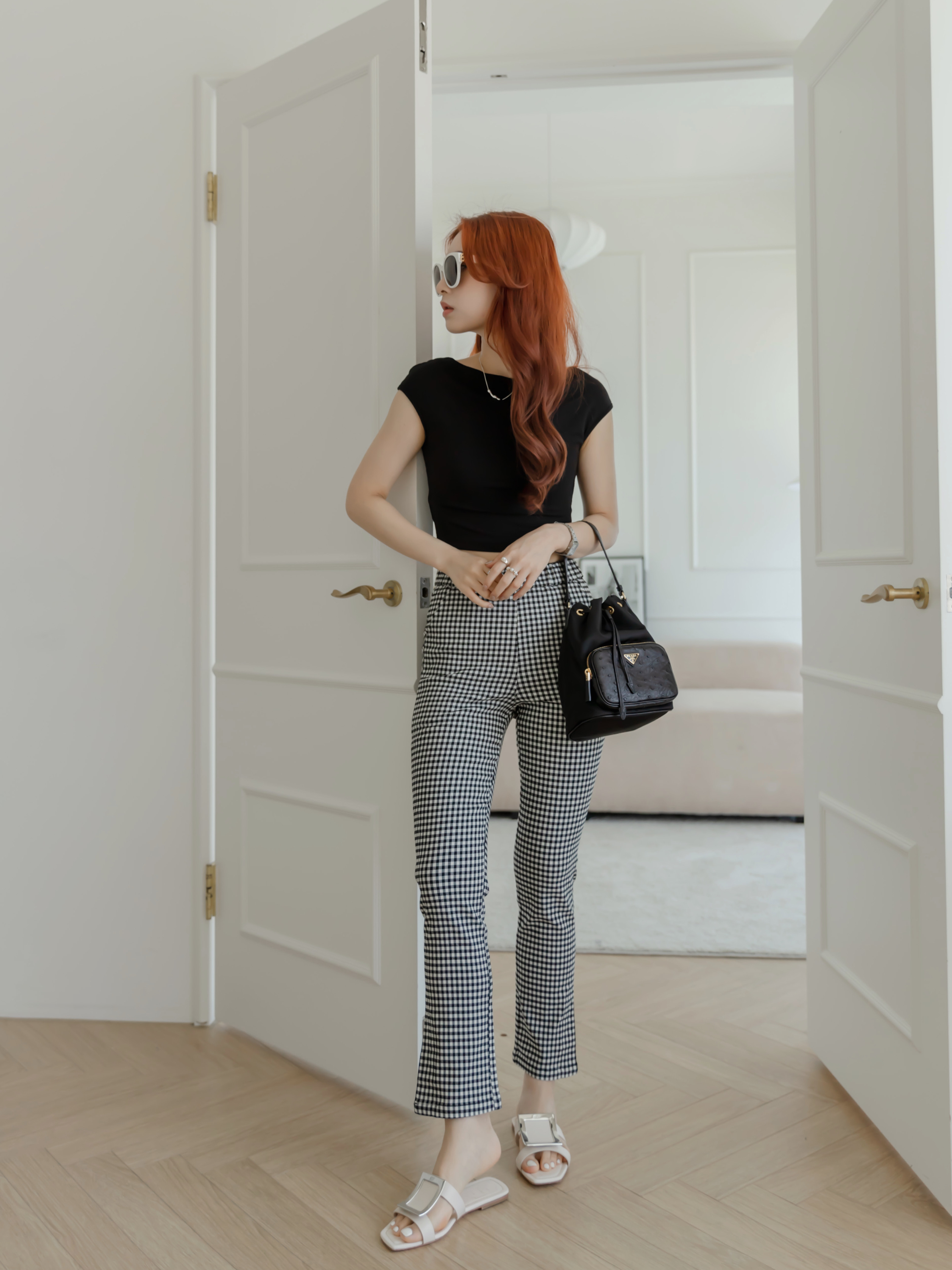 高彈黑白格子褲