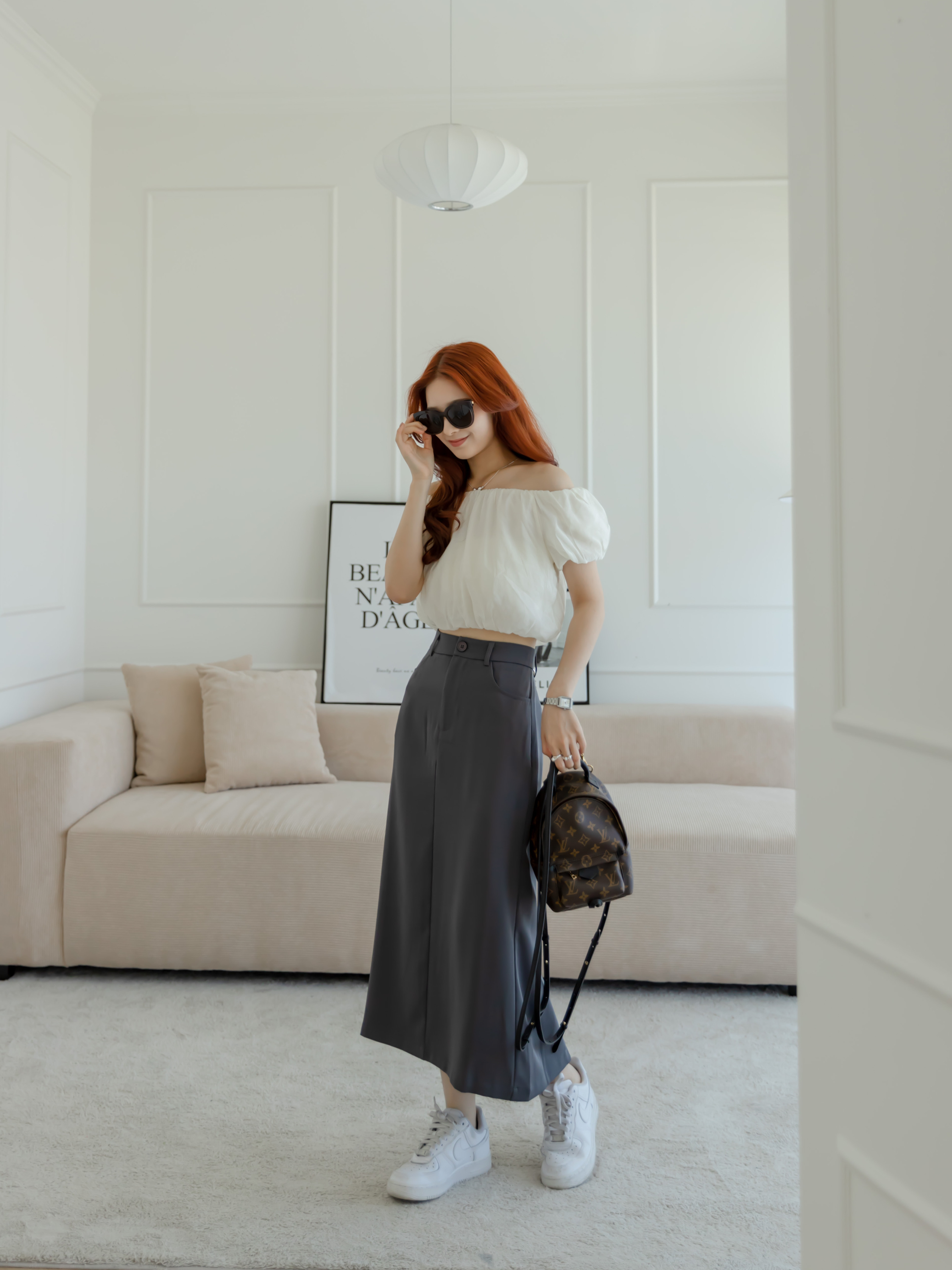 炭灰雪紡直筒裙