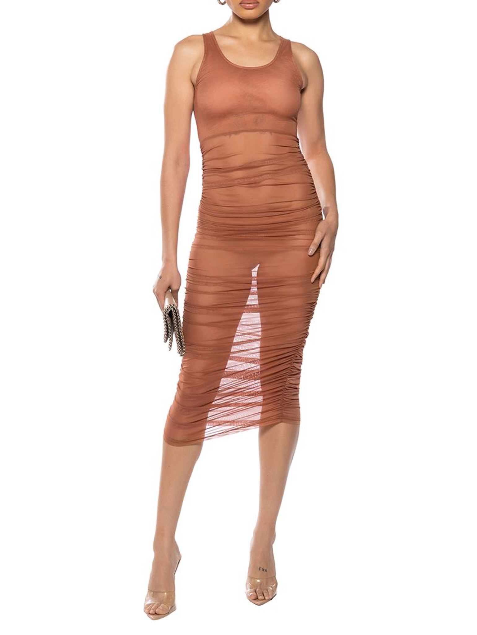 Rusty Red 繡紅色透紗抽皺緊身 Midi Dress