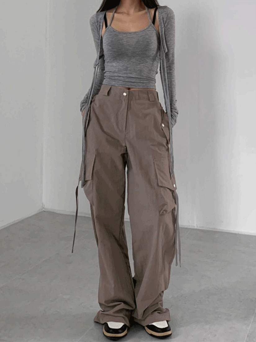 [現貨]落地抽繩工裝寬褲 [ 3色 / Free ]