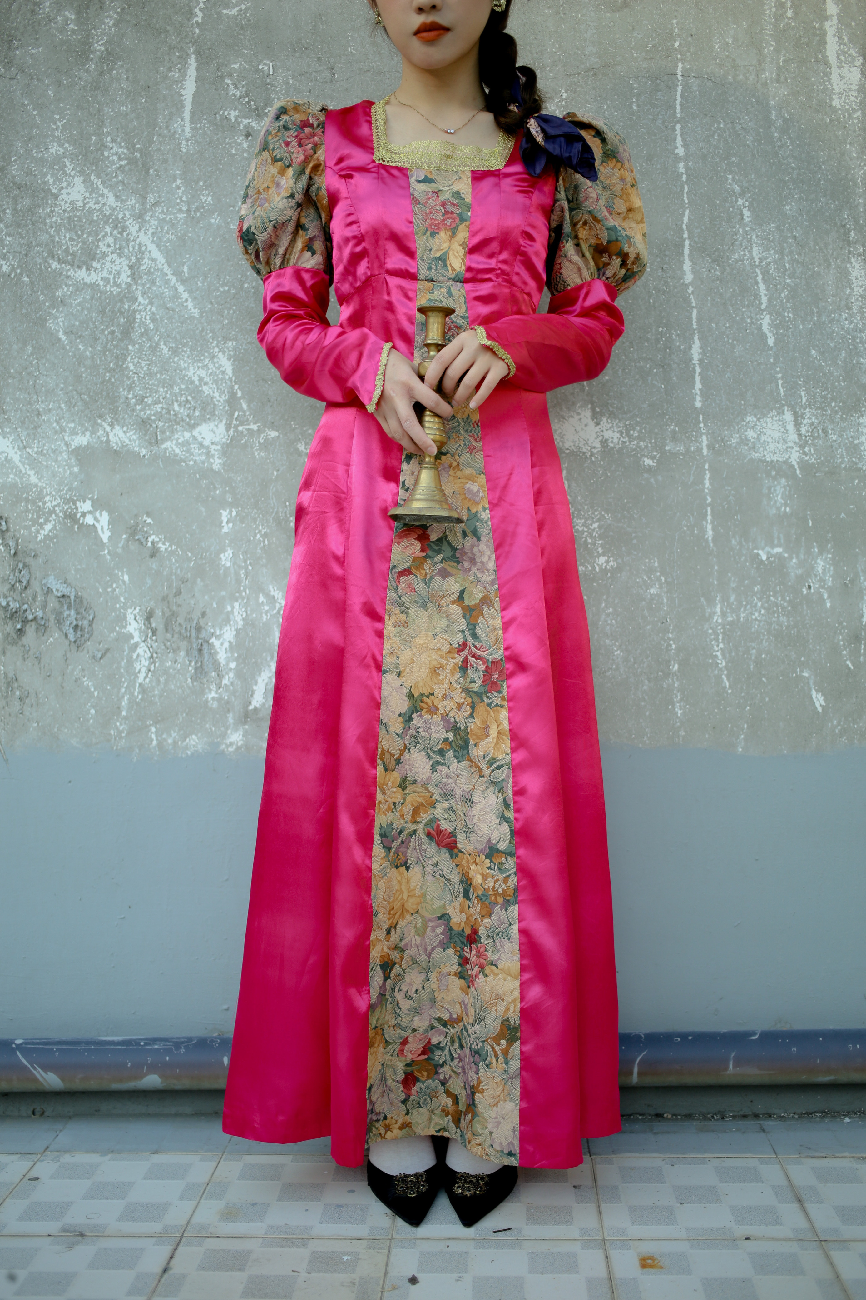 Vintage Dress / 古著澎袖花卉圖騰拼接桃紅色禮服