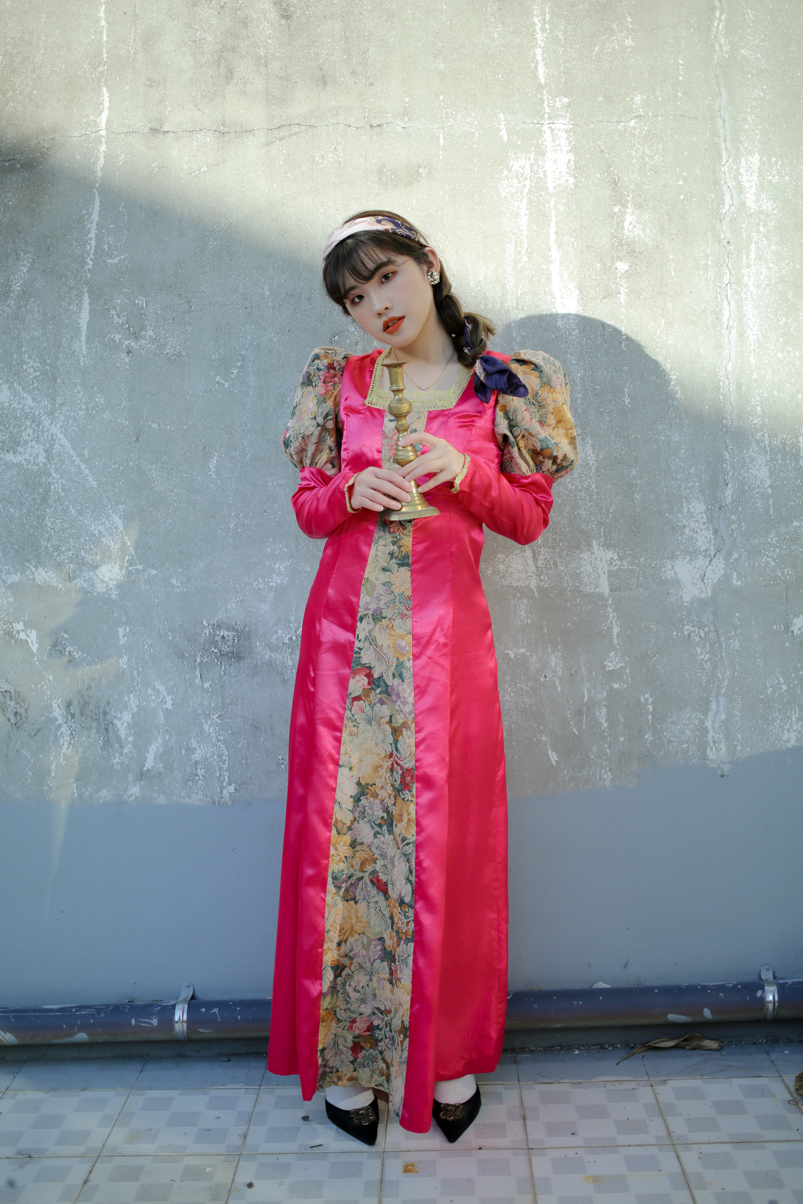 Vintage Dress / 古著澎袖花卉圖騰拼接桃紅色禮服