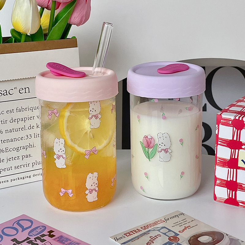 《2389》少女心鬱金香兔兔/小豬玻璃吸管杯 600ML