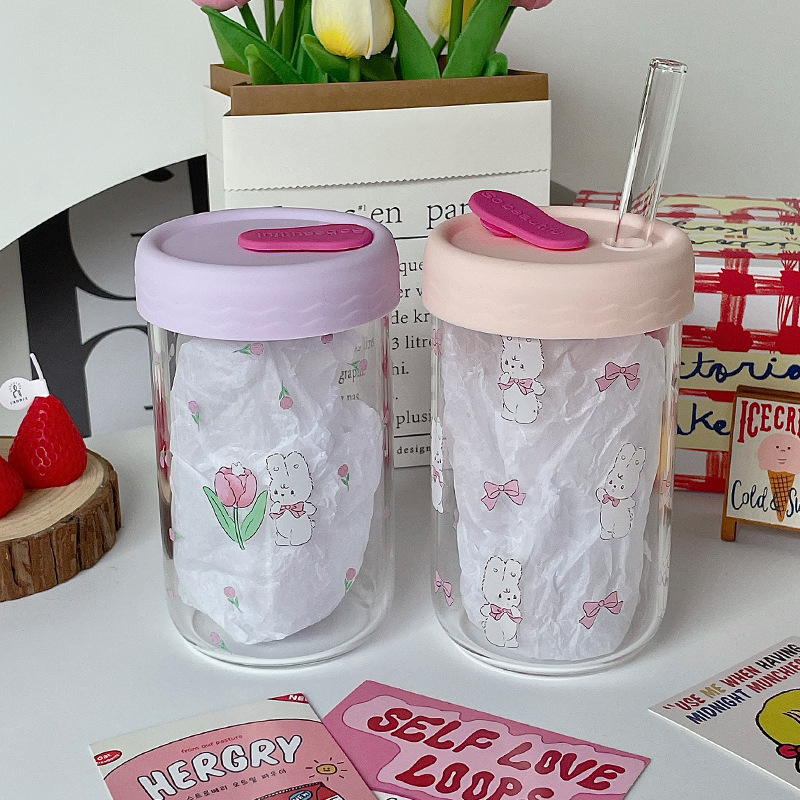 《2389》少女心鬱金香兔兔/小豬玻璃吸管杯 600ML