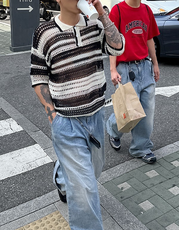 網眼領子短袖針織衫上衣