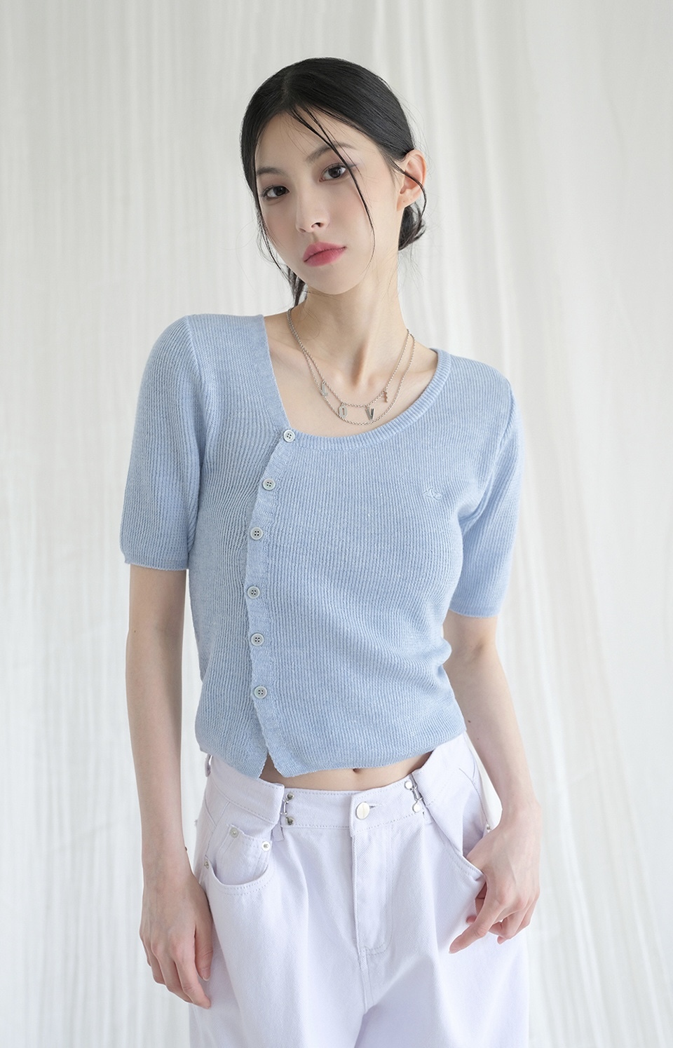 <預購> 韓國Avandress 斜領排扣針織短版上衣