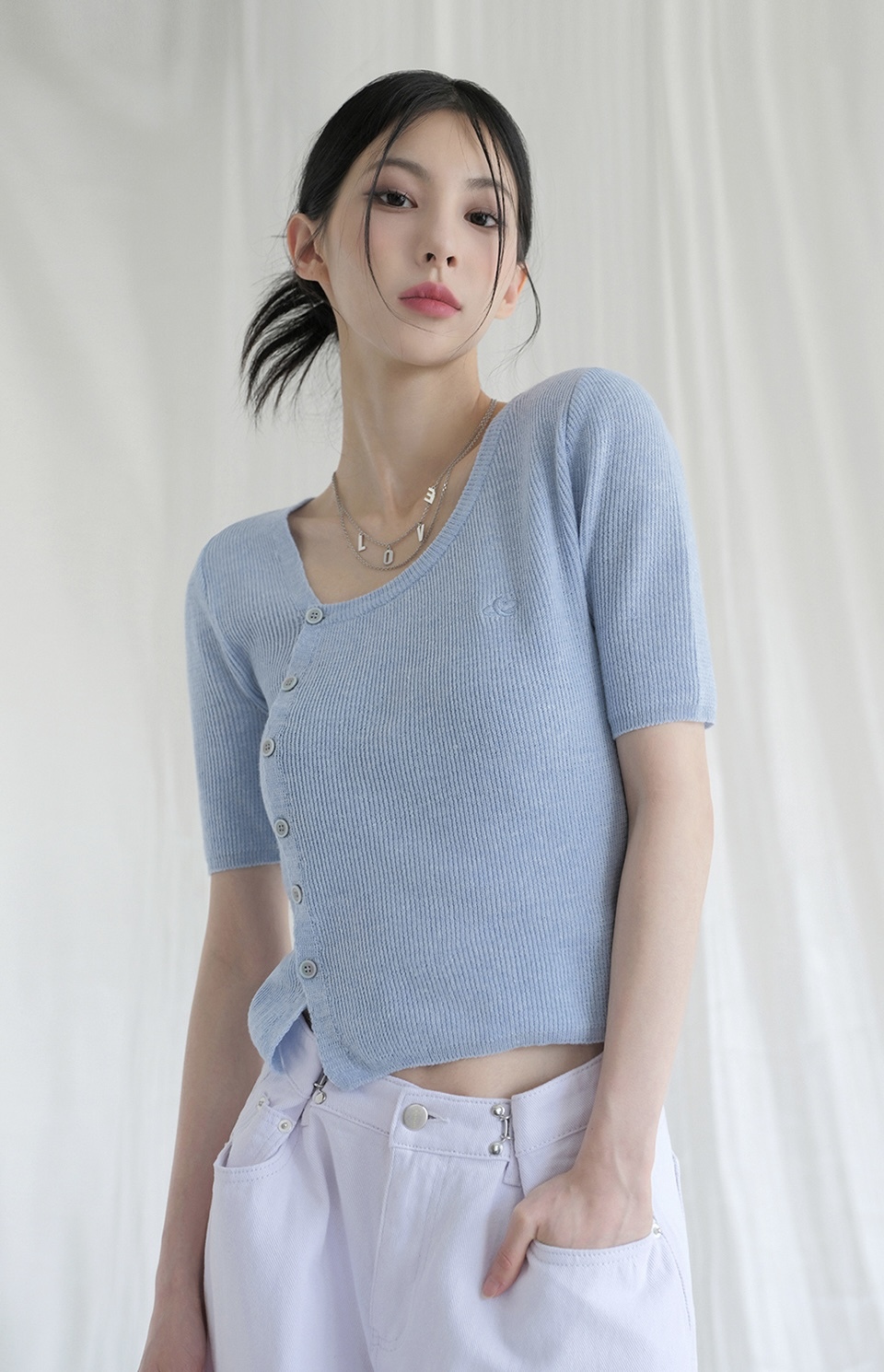 <預購> 韓國Avandress 斜領排扣針織短版上衣