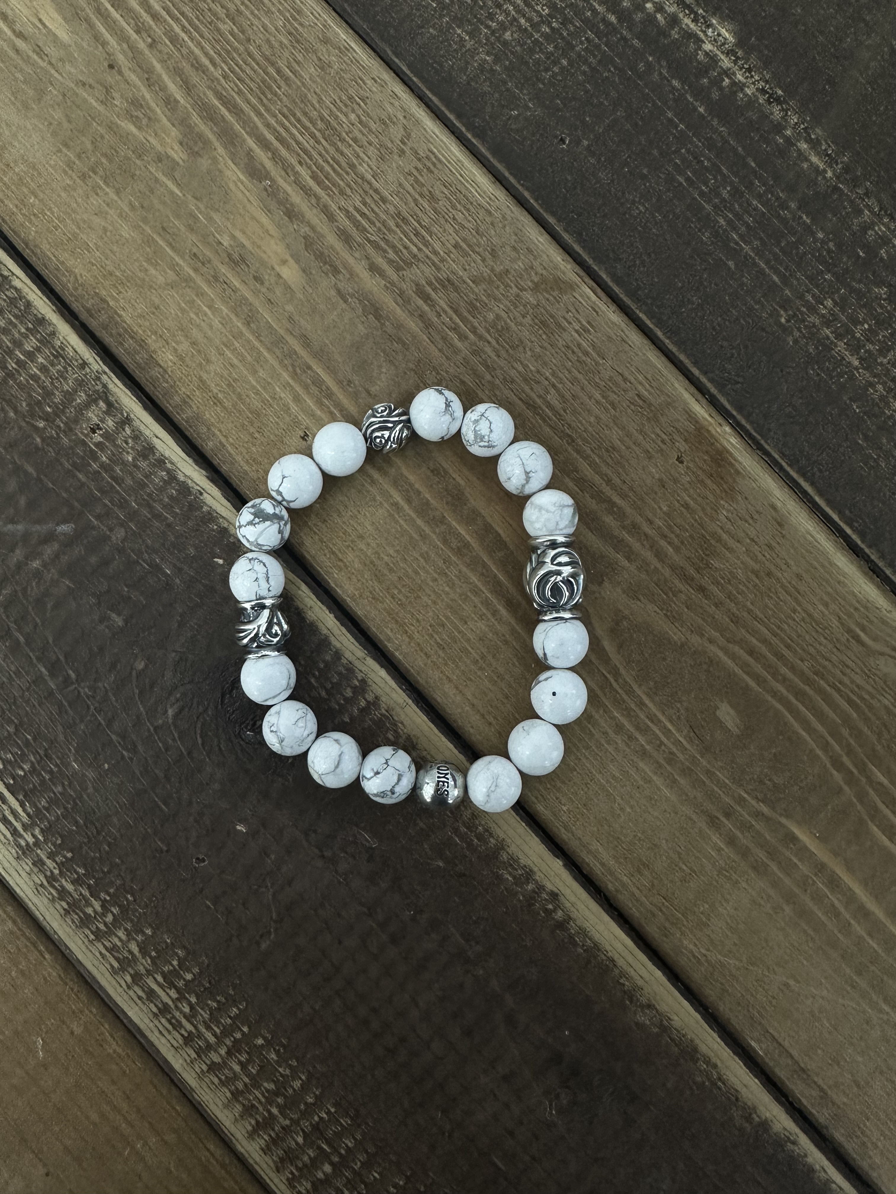 Lone Ones 10mm Stone Bracelet w/ Embossed Bead & Hawk Bead & Logo Bead
