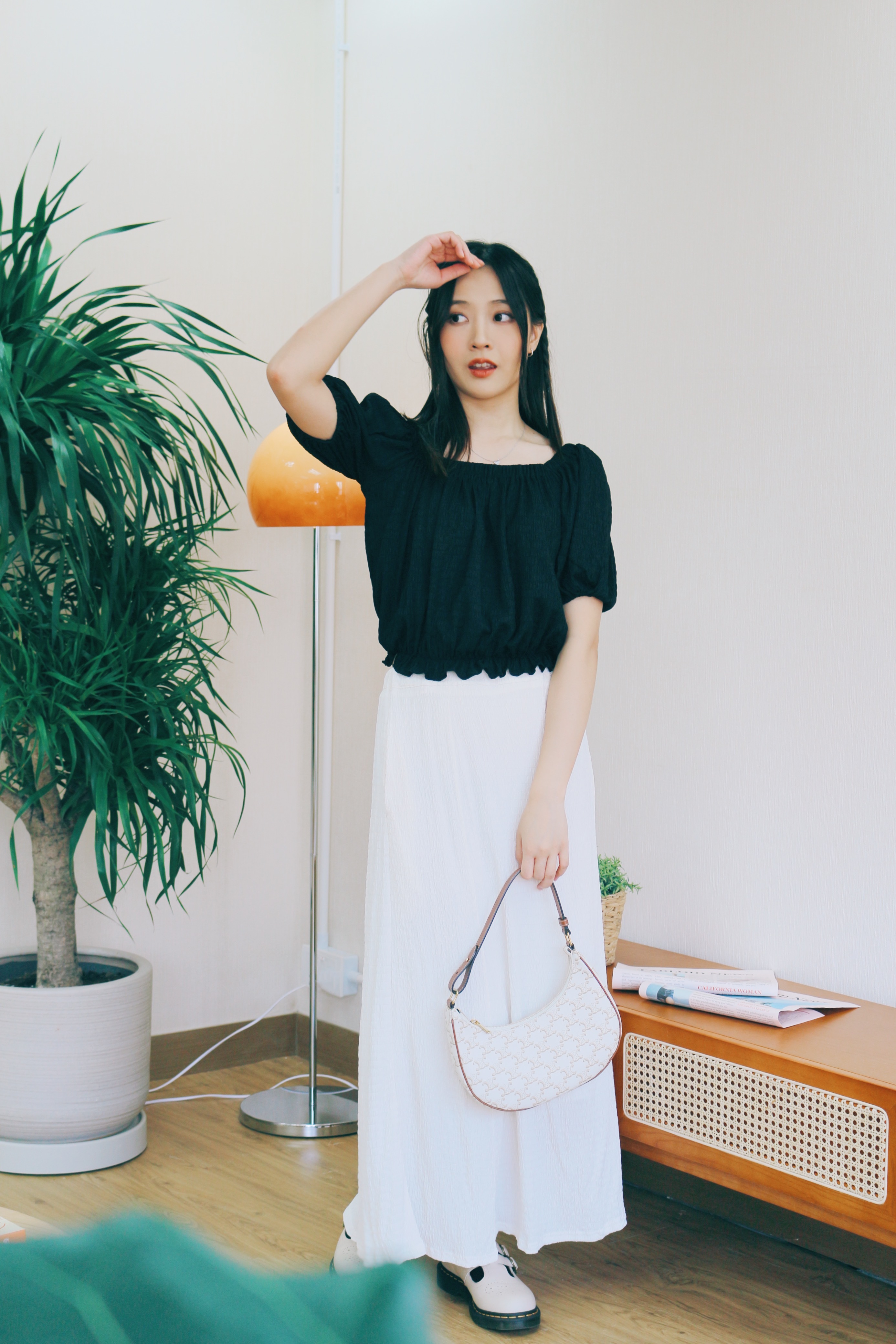 兩色／束腰方領短袖上衣／Square Collar Short Sleeve Top