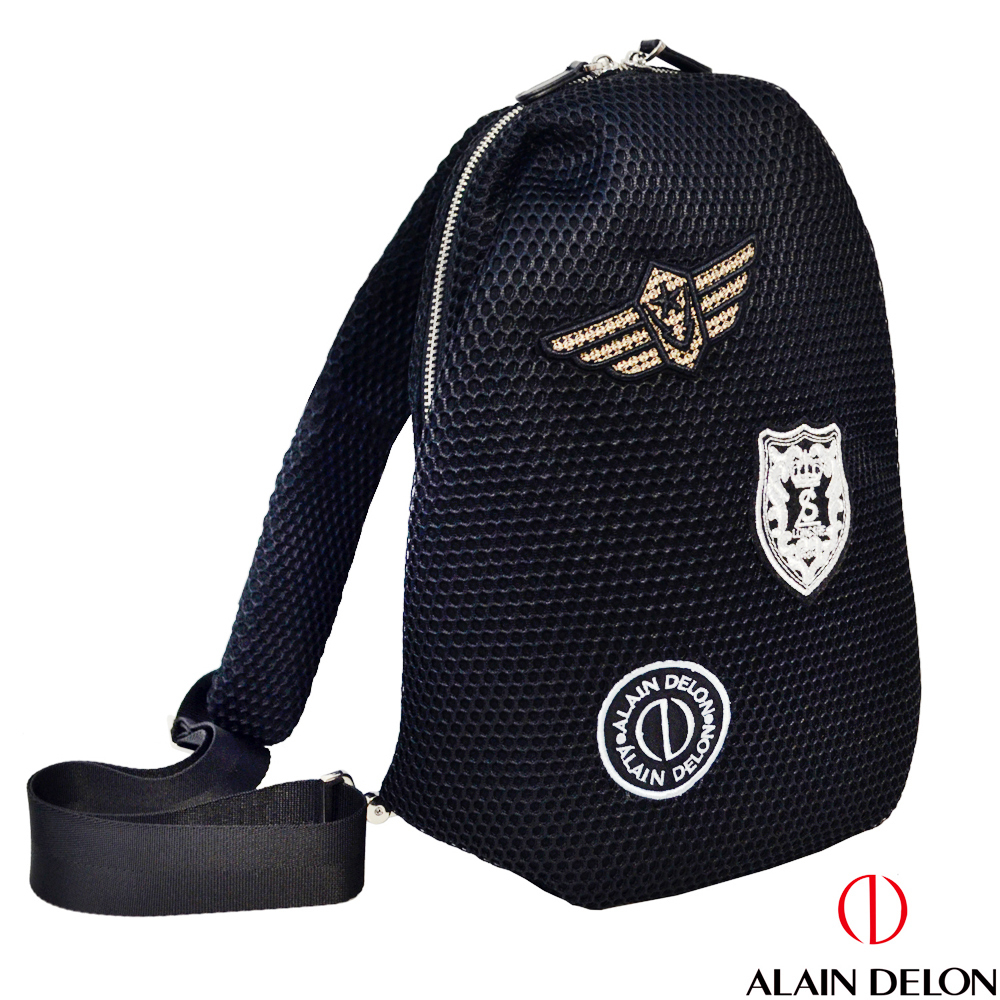 【ALAIN DELON 亞蘭德倫】  學院風勳章單肩包/側背包/休閒包/斜背包/潮流包/胸包(黑)