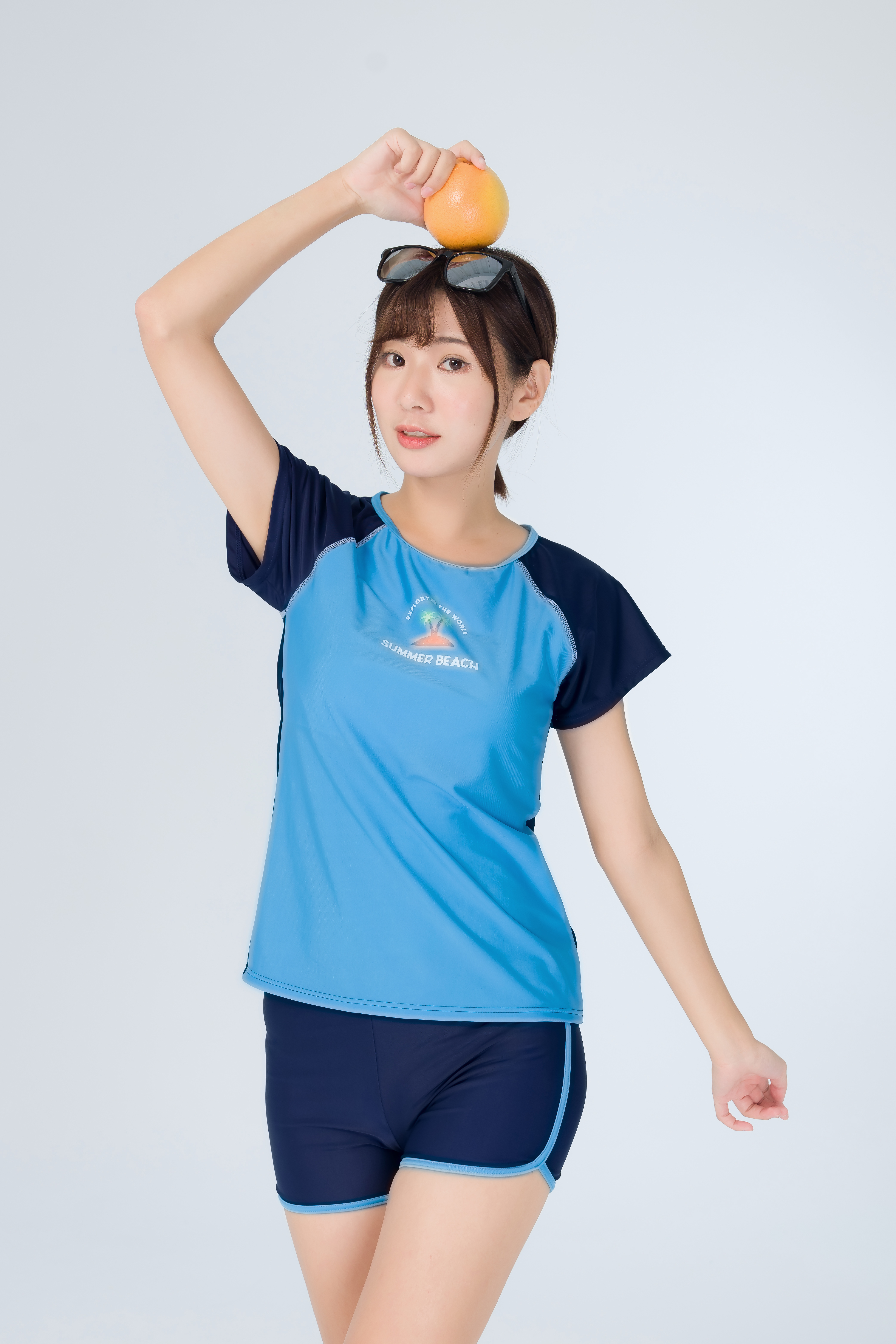 YL374-大女短袖兩件式褲裝-藍