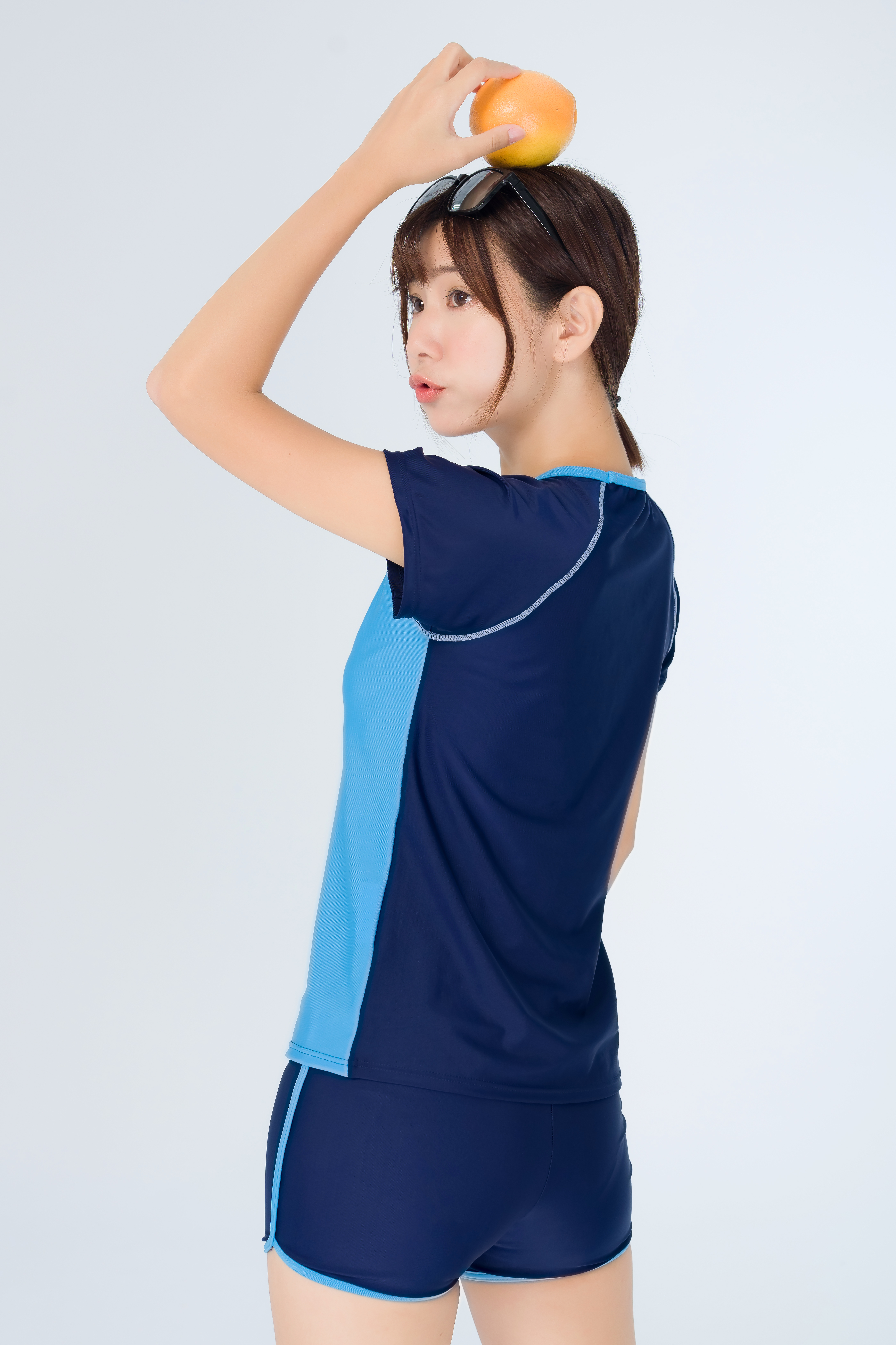 YL374-大女短袖兩件式褲裝-藍