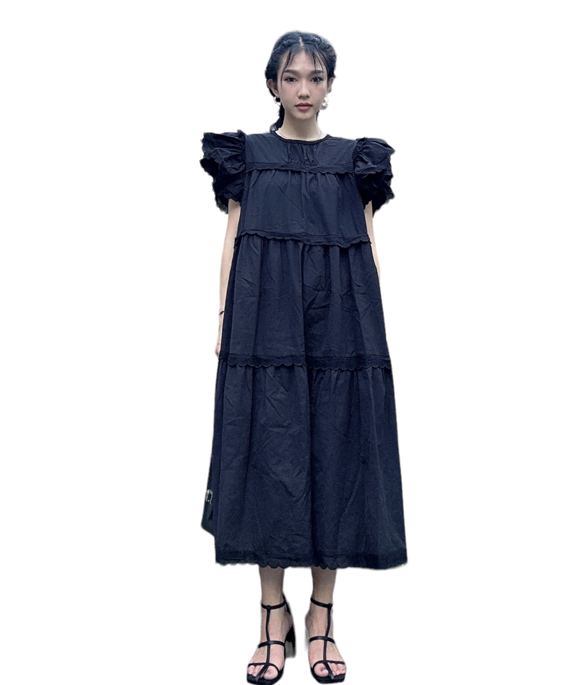 荷葉肩袖層層蛋糕連身裙 （現貨款式）