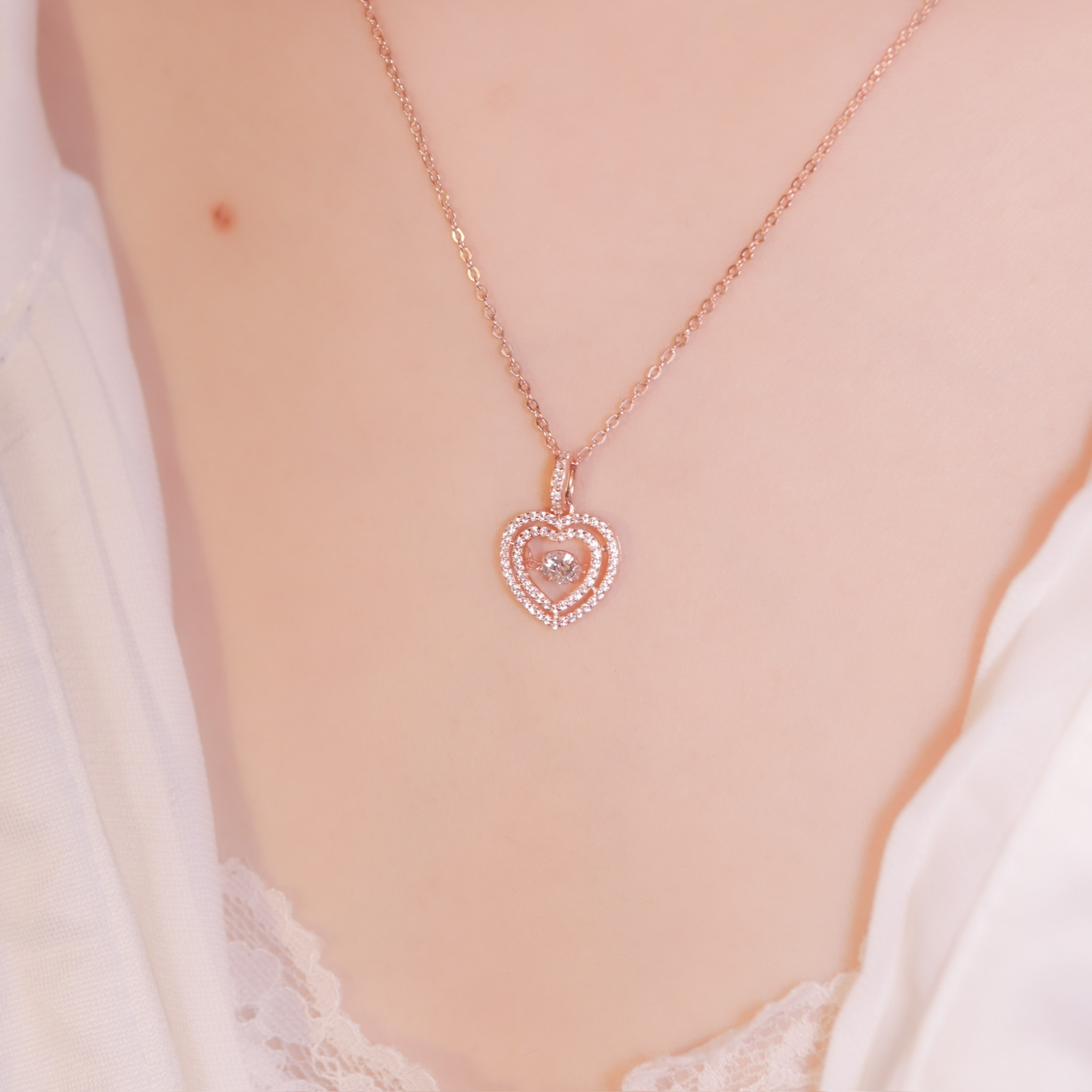 | 925純銀・厚鍍白金・ 厚鍍玫瑰金 | 懸浮心圈項鍊 (銀/玫瑰金) | NE0537 |