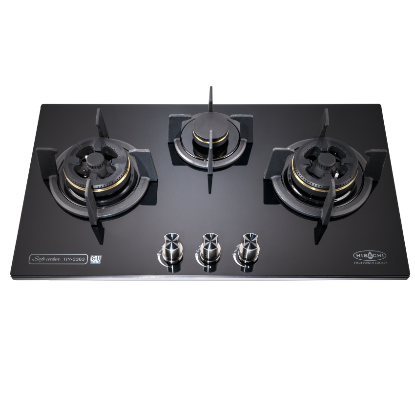 氣霸 Hibachi   HY-3363‧座檯‧嵌入式‧三頭煮食爐‧“三環火”玻璃面鋁合金邊框‧煤氣‧石油氣‧香港行貨,原廠1年保養‧