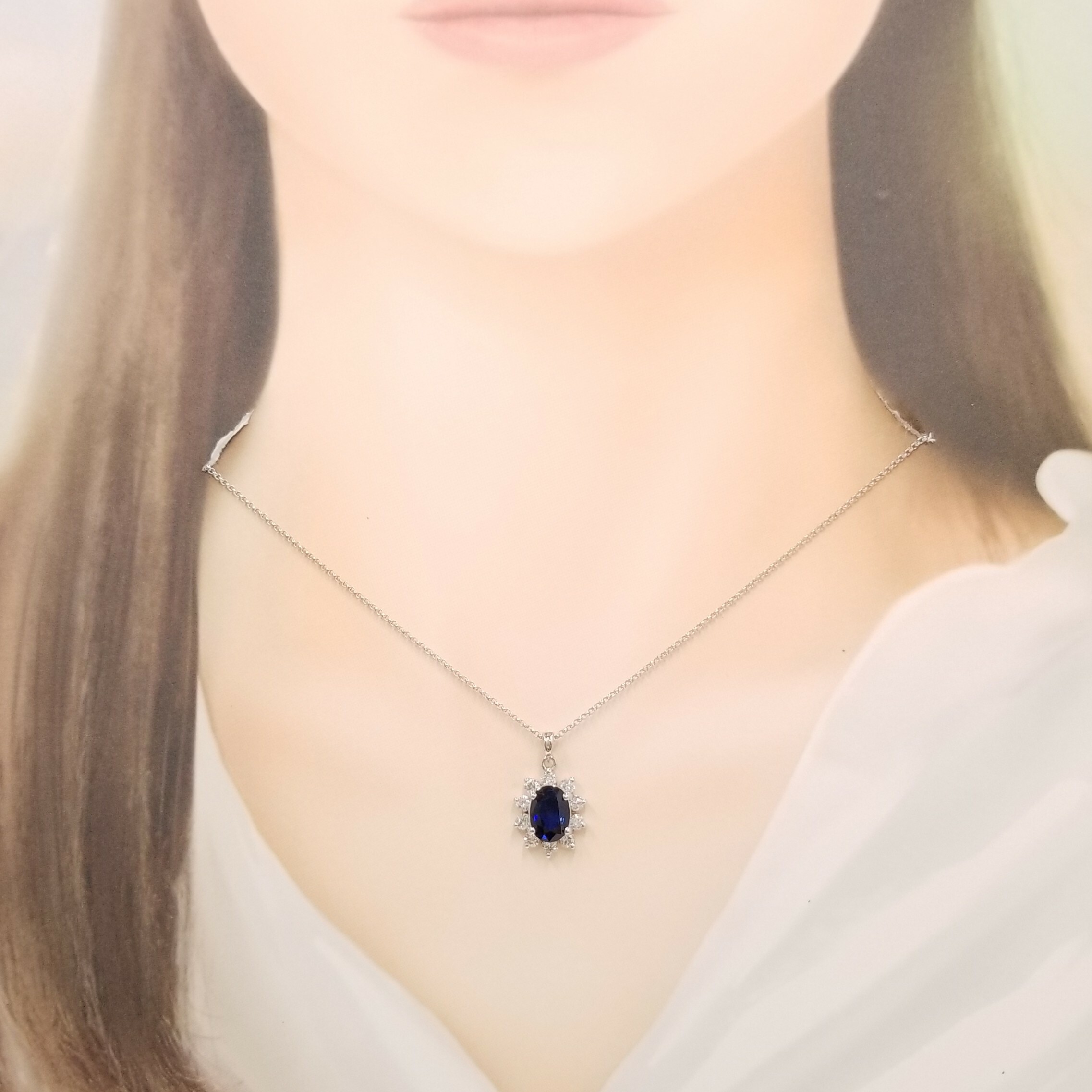 18K White Gold 2.30ct Sapphire and Diamond Pendant