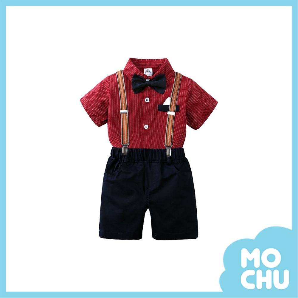 復古酒紅條紋背帶褲套裝