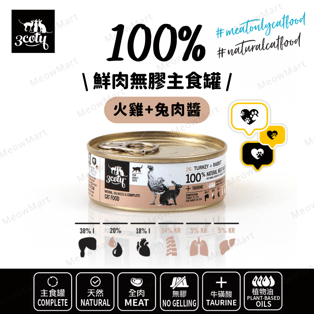 3coty® 100%鮮肉無膠主食罐 (火雞+兔肉醬) 80g
