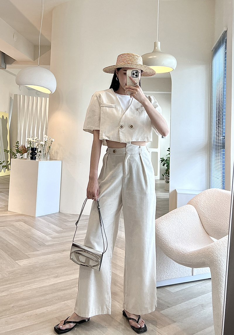 麻料短版西裝落地套裝*2色