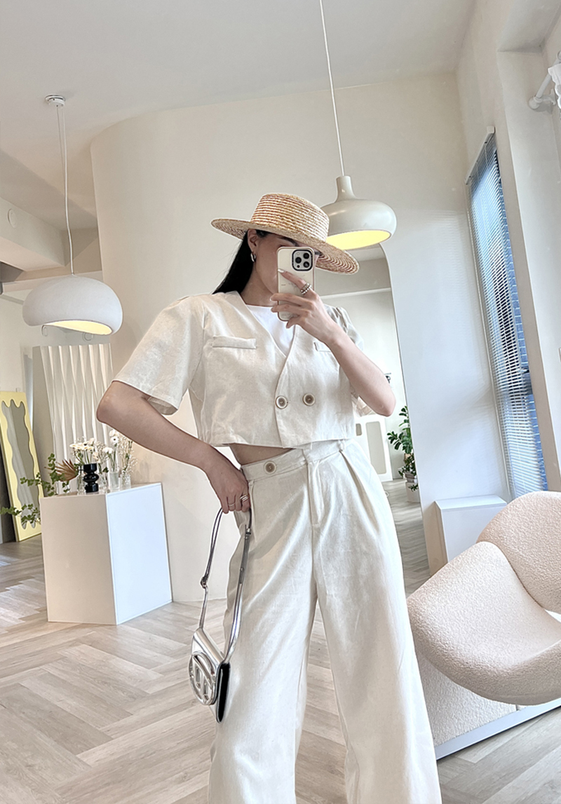 麻料短版西裝落地套裝*2色