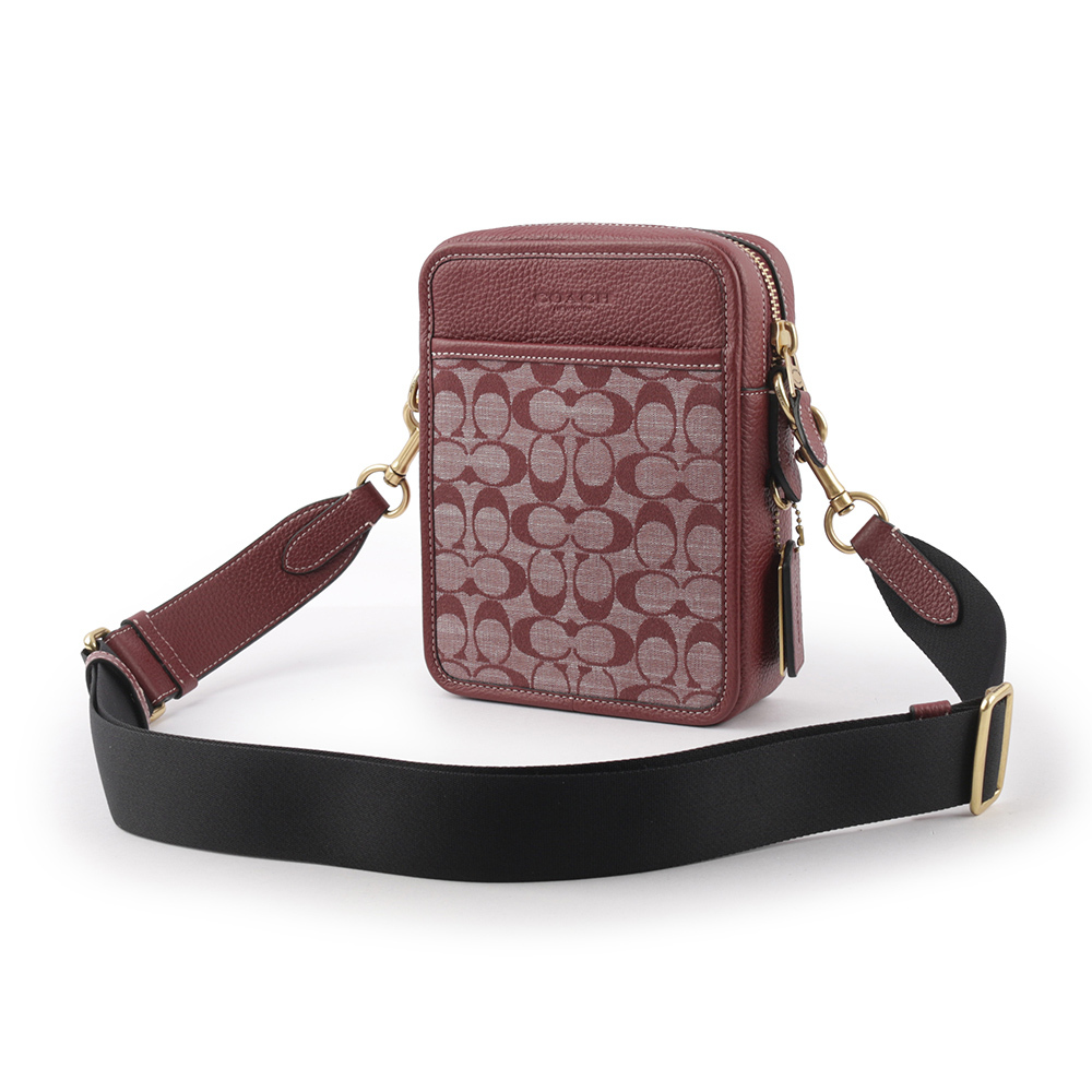 【COACH】Sullivan 標誌織布拼皮革方形斜背包(酒紅色)