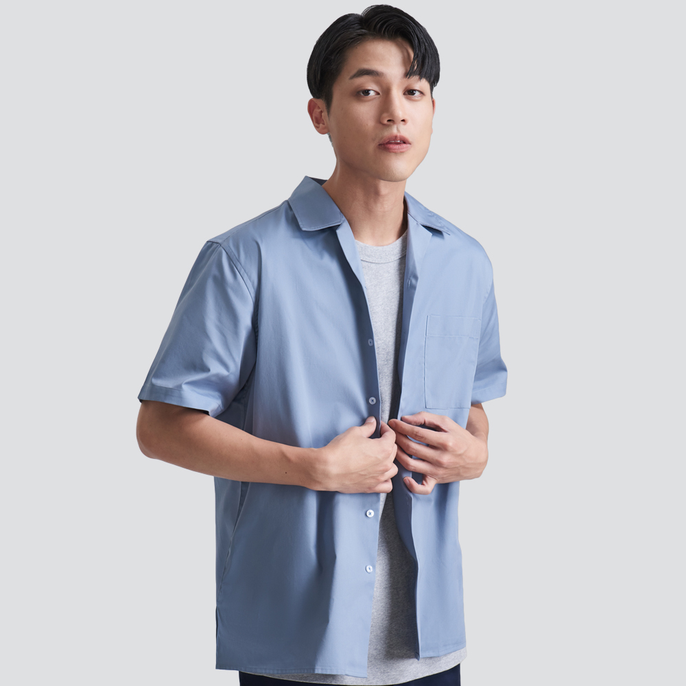 古巴領短袖襯衫-藍灰