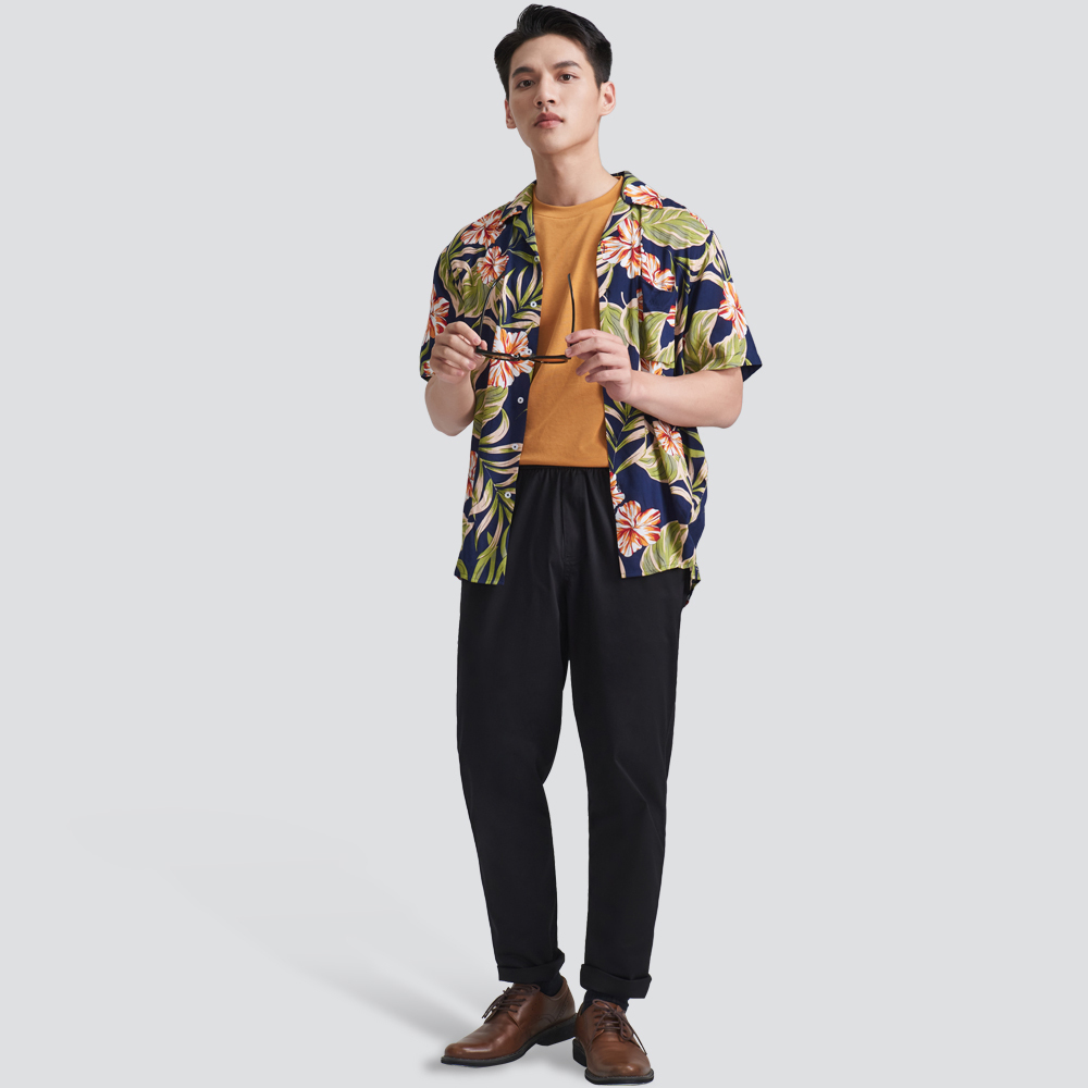 古巴領短袖花襯衫-丈青