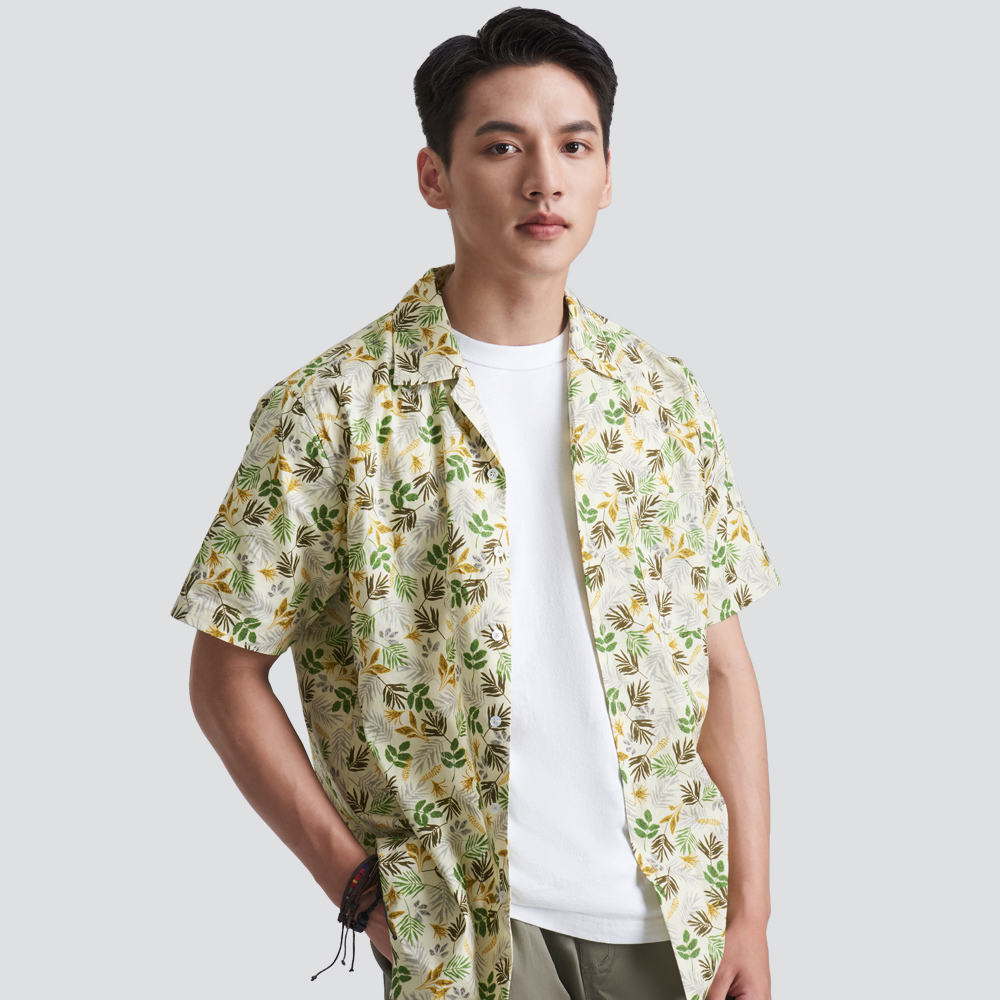 古巴領短袖花襯衫-米黃