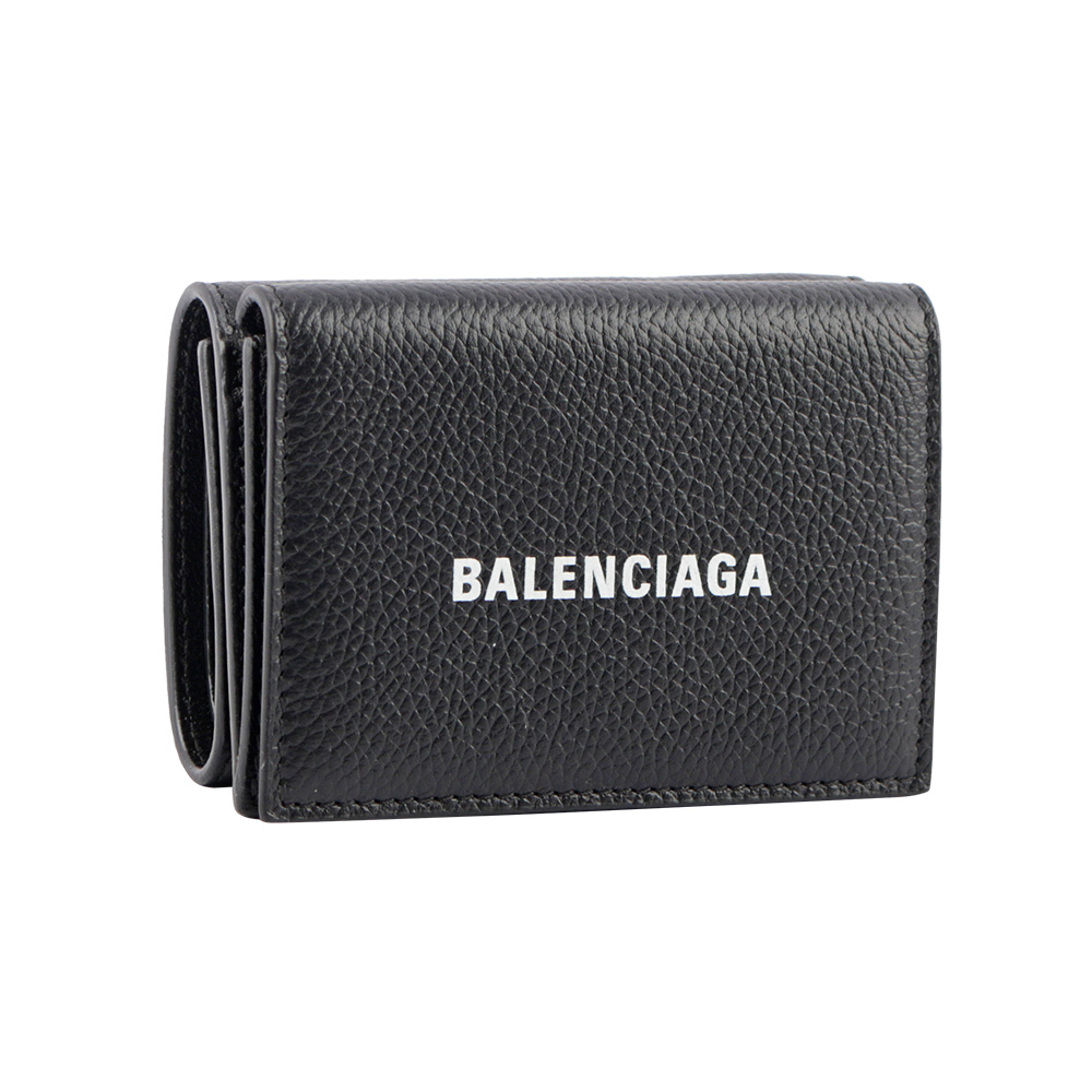 【BALENCIAGA】經典LOGO 粒紋牛皮雙釦迷你三折短夾(黑色)