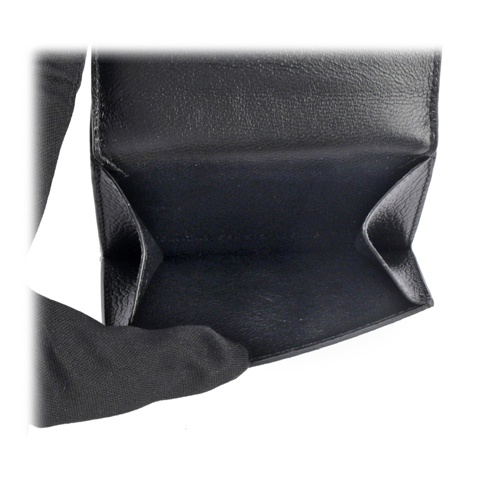 【BALENCIAGA】經典LOGO 粒紋牛皮雙釦迷你三折短夾(黑色)