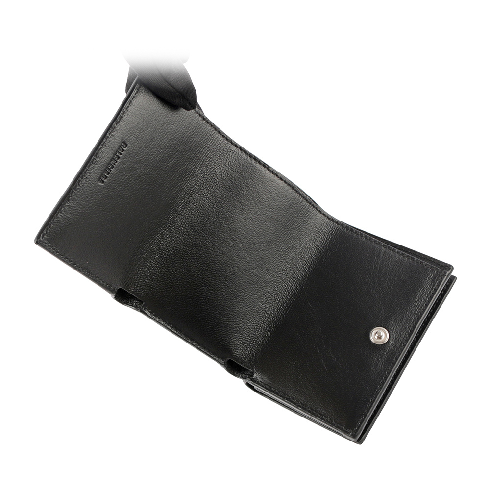 【BALENCIAGA】經典LOGO 粒紋牛皮雙釦迷你三折短夾(黑色)