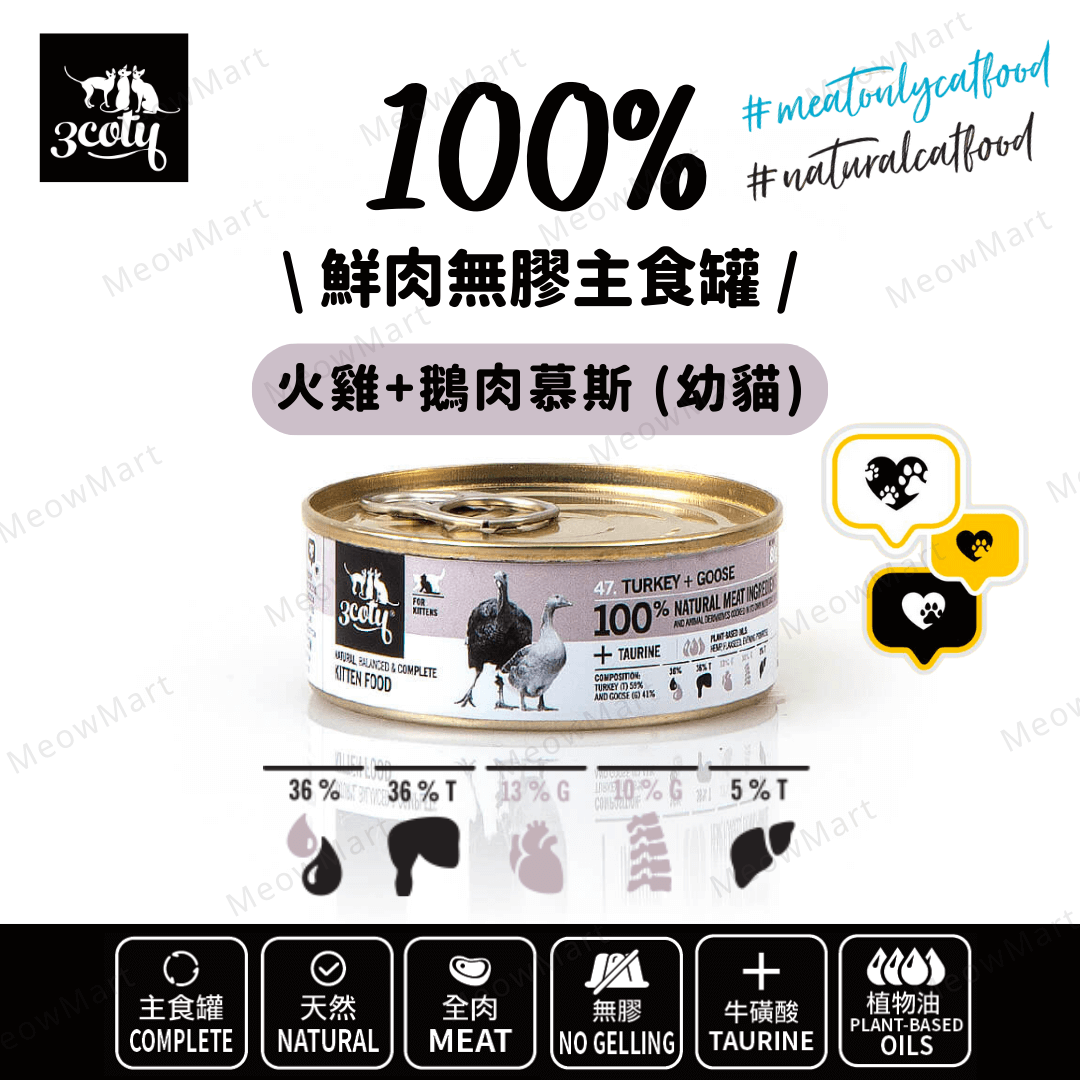 3coty® 100%鮮肉無膠幼貓主食罐 (火雞+鵝肉慕斯) 80g