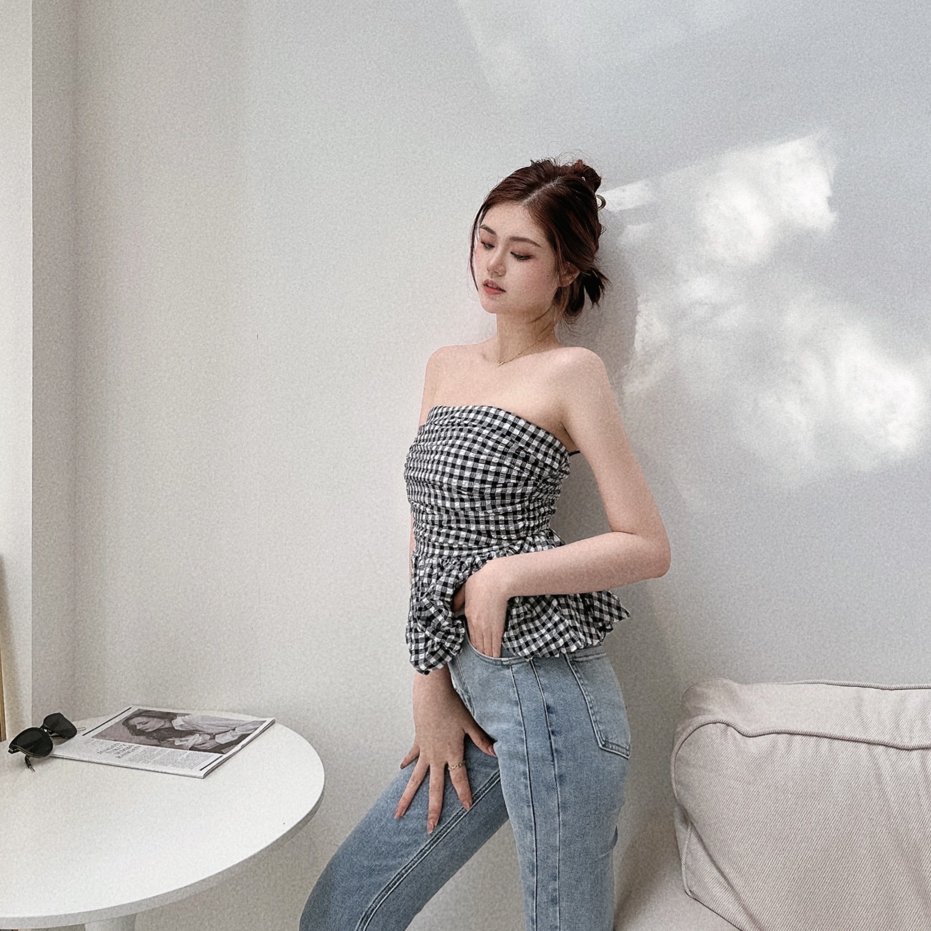 野餐格紋抓皺平口上衣/二色