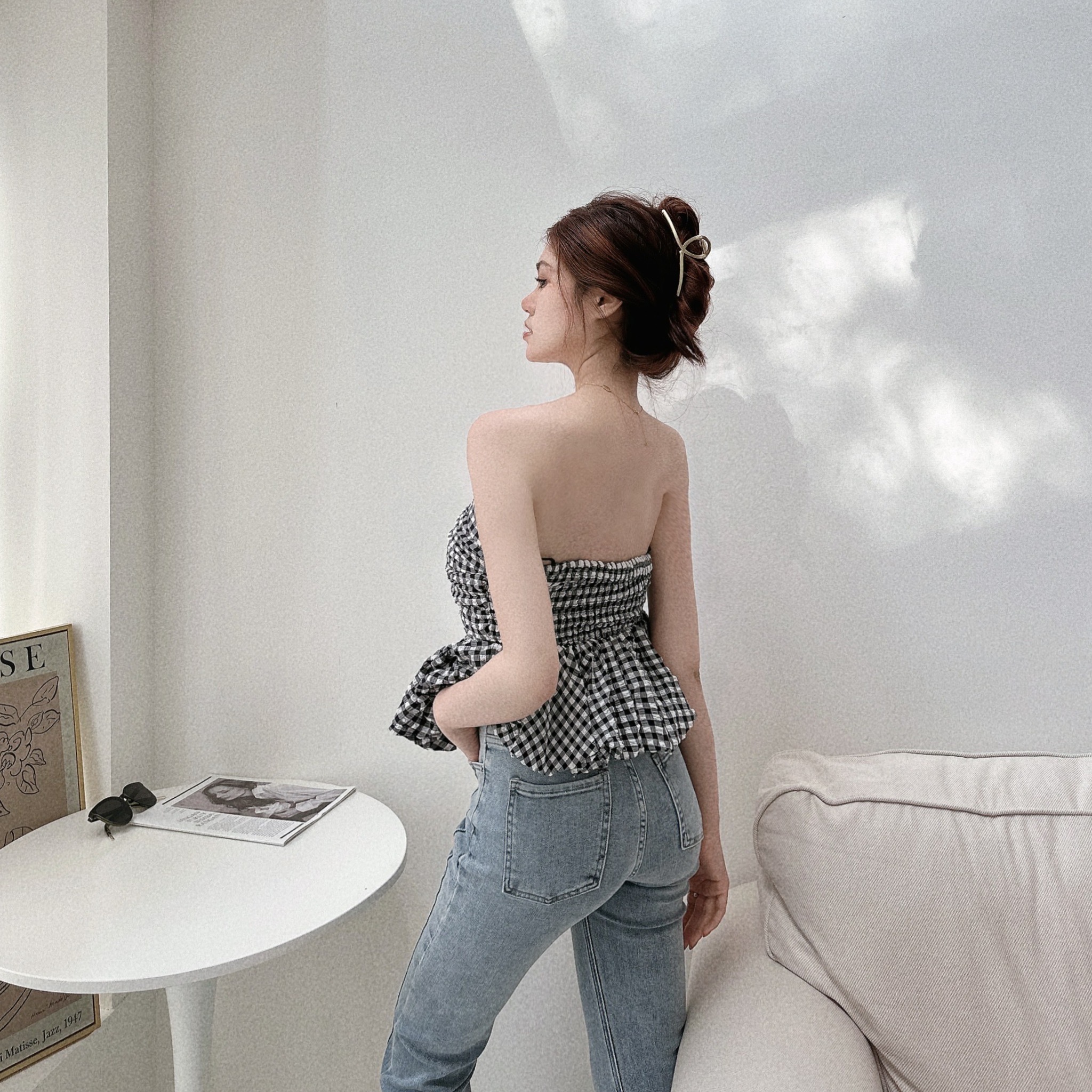 野餐格紋抓皺平口上衣/二色