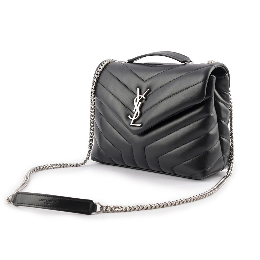 【YSL/Saint Laurent Paris】LOU LOU V紋銀鍊小牛皮斜背包(黑色)
